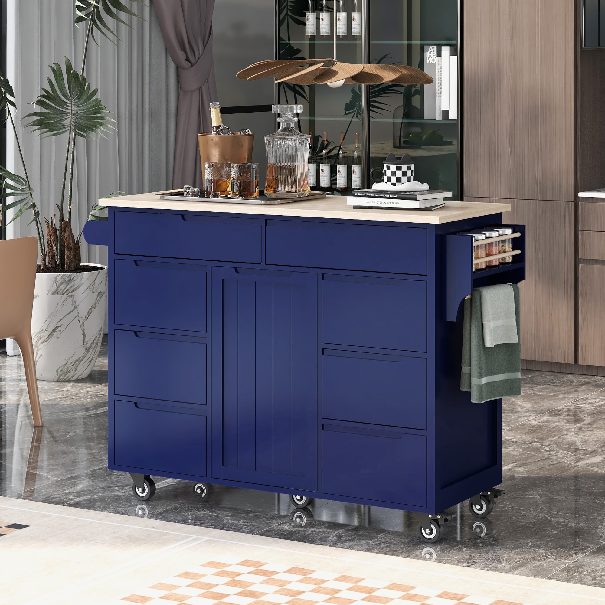Nestfair CWJ002D Blue Wood Base with MDF Wood Top Rolling Kitchen Island ( 18.5-in x 53.1-in x 37-in )