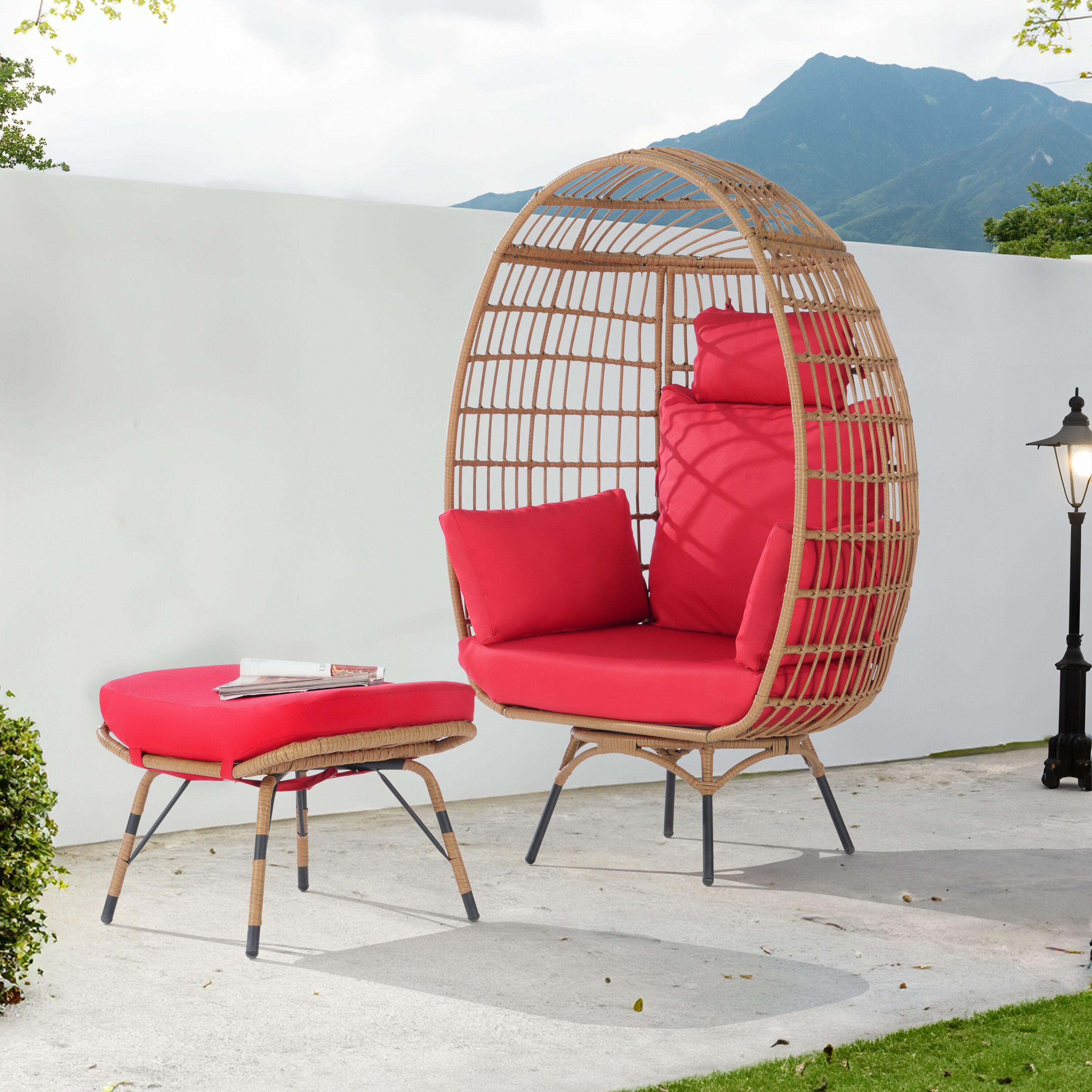 SANSTAR L-RJDC57RD-AD 2 -Piece Wicker Patio Conversation Set with Red Cushions