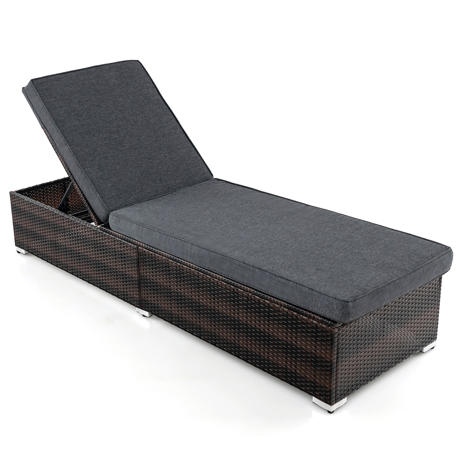 Slickblue - 1-Piece Patio Chaise Lounge - Mix Brown PE Rattan Adjustable Reclining Chair with Gra...