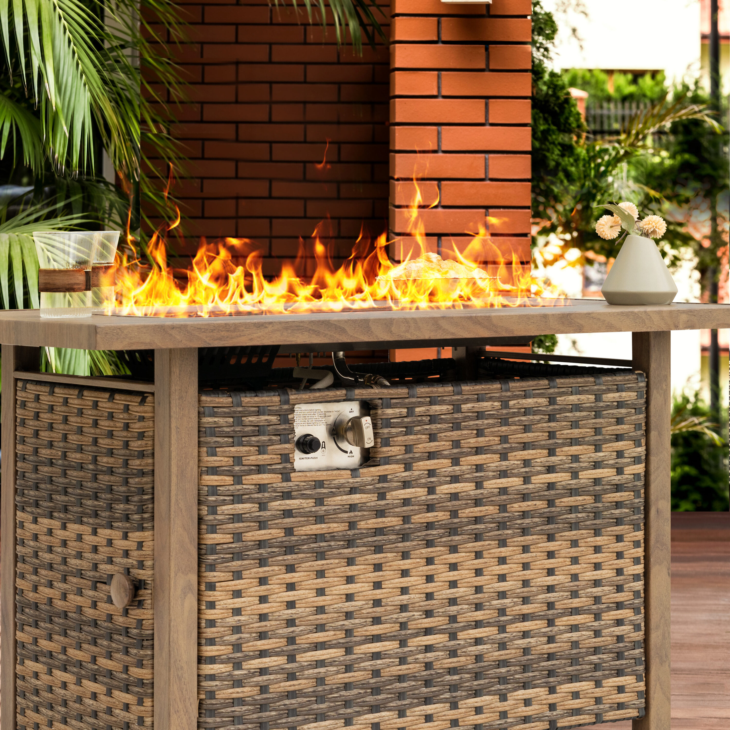Nuu Garden 43'' Brown Rattan Gas Fire Pit Table with Glass Beads