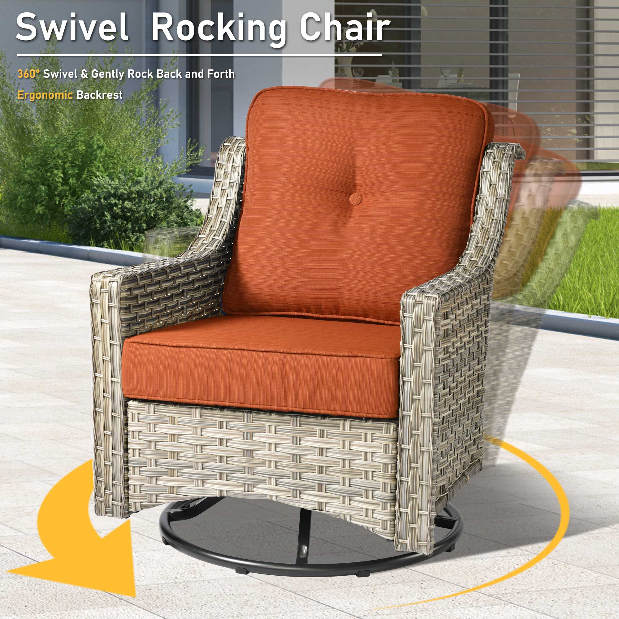 Pouuin 3-Piece Rattan Patio Conversation Set with Orange Cushions ...