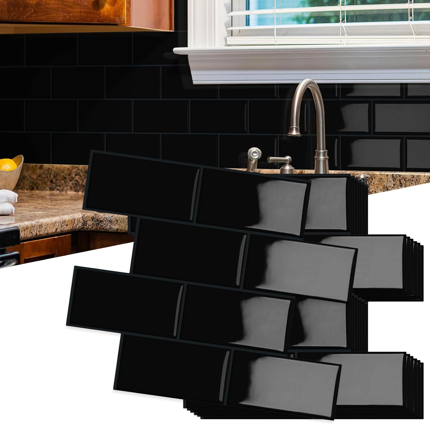 Luupatchy 3D Subway Peel and Stick Backsplash Tile 12.6 in x 10.6 in Black Self-Adhesive Waterproof Wall Tile 10-Sheet Pack Covers 9.3 Sq Ft for Kitchen and Bathroom