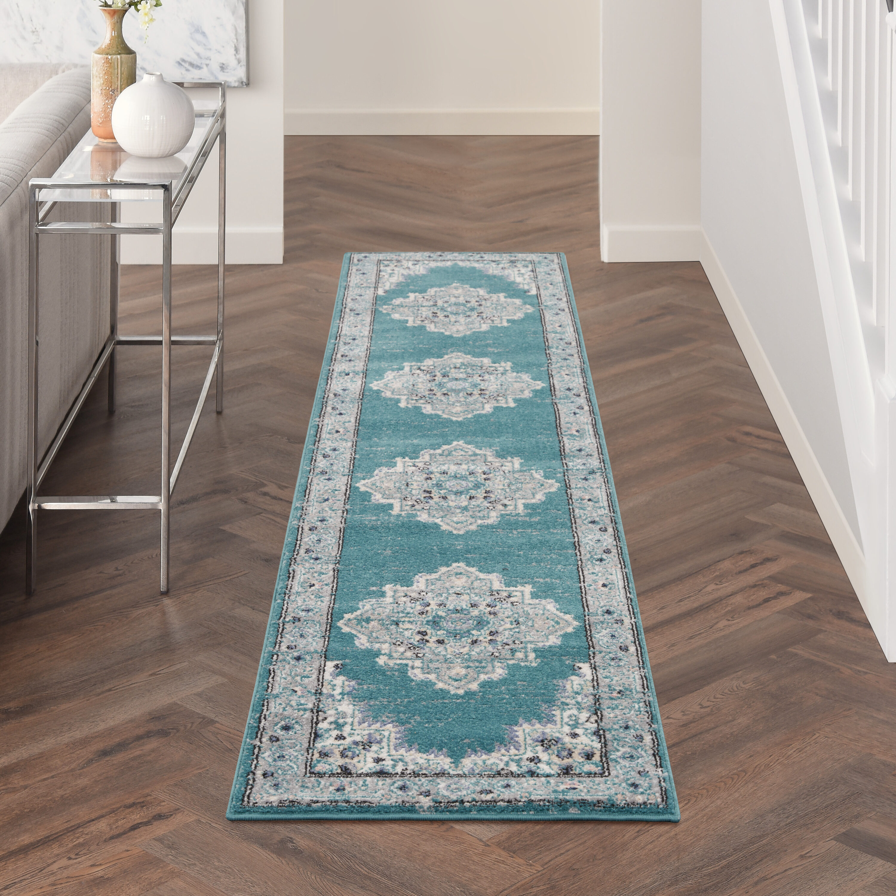 Nourison Home 099446018632 2 x 10 (ft) Loomed Turquoise Grey Rectangular Indoor Border Vintage Runner rug