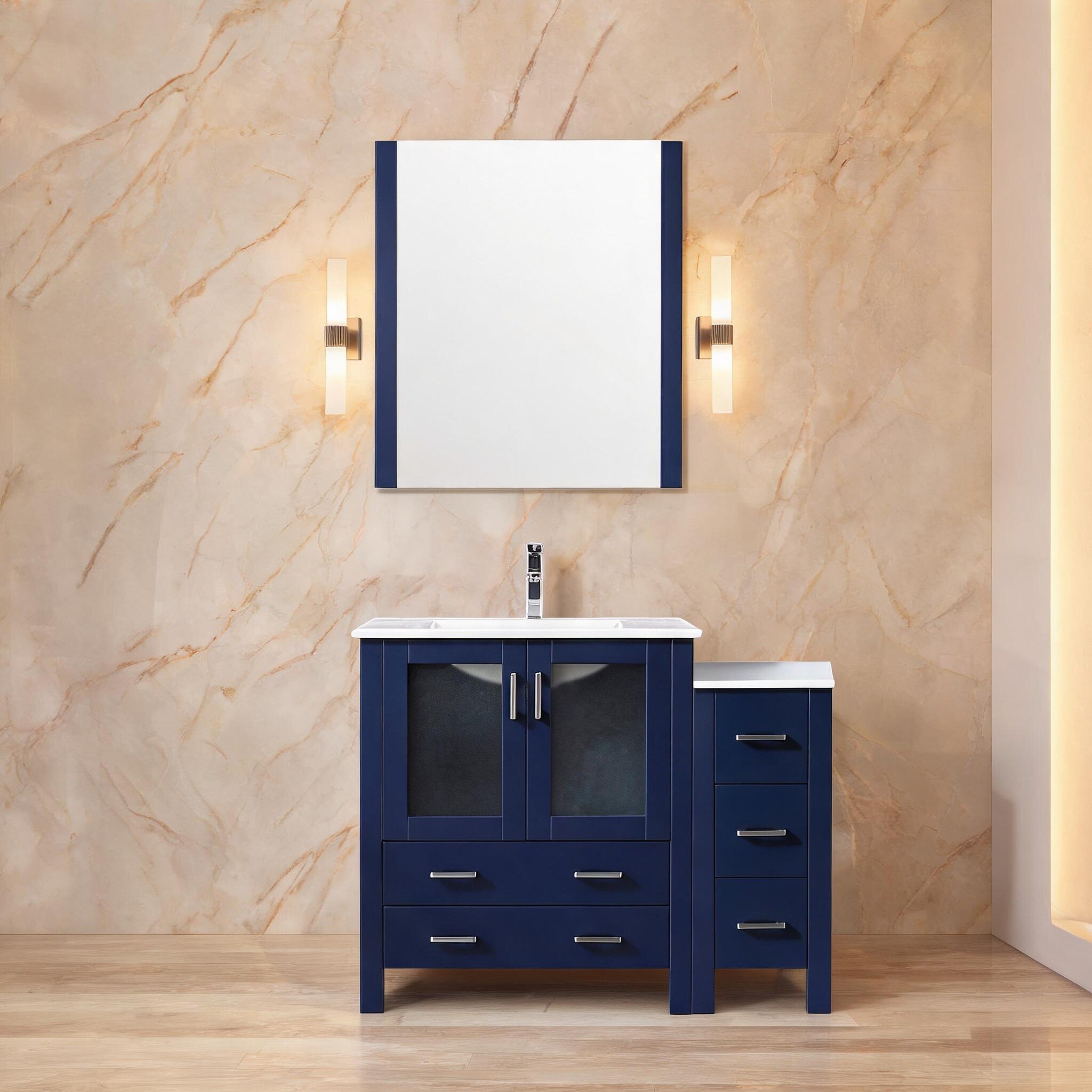 SunJet 42-Inch Bathroom Vanity Ensemble in Soft Blue Wood with Ceramic Top Faucet and Mirror