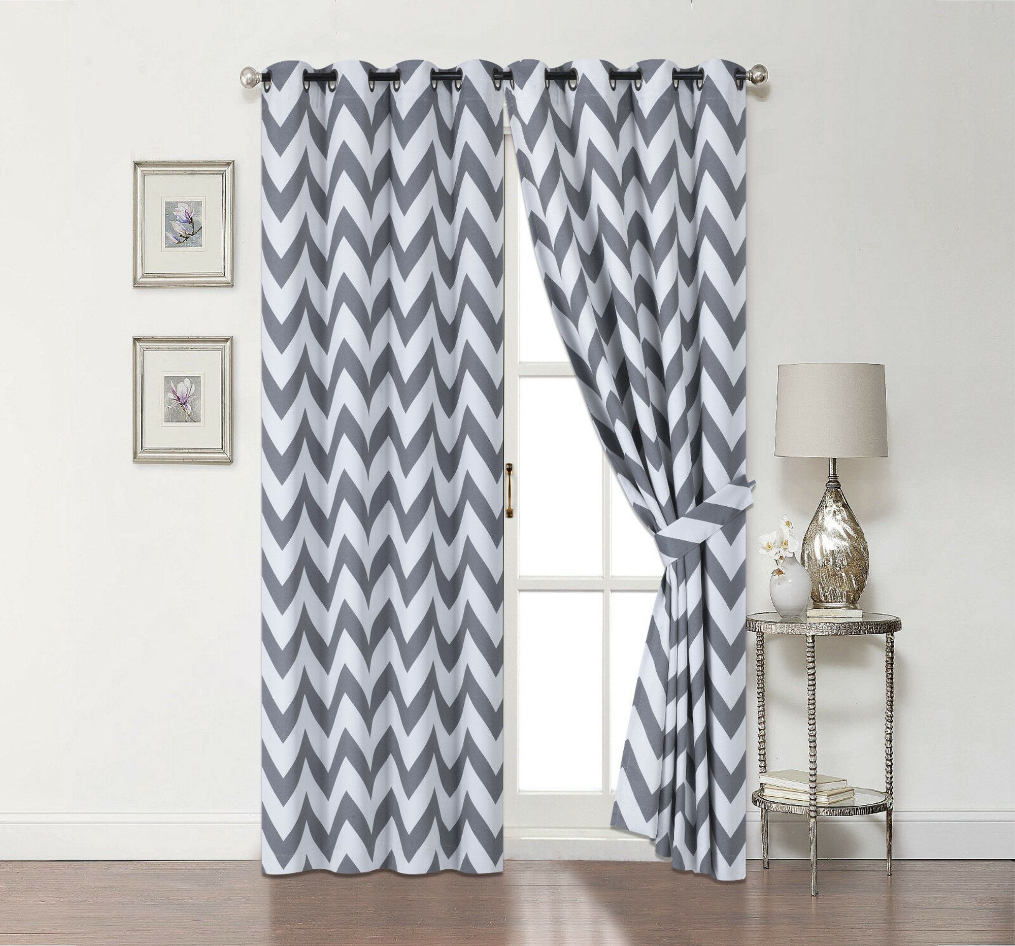 KATE AURORA - 2 Pack Room Darkening Juvi Chevron Grommet Top Window Curtains With Tiebacks 50 in ...