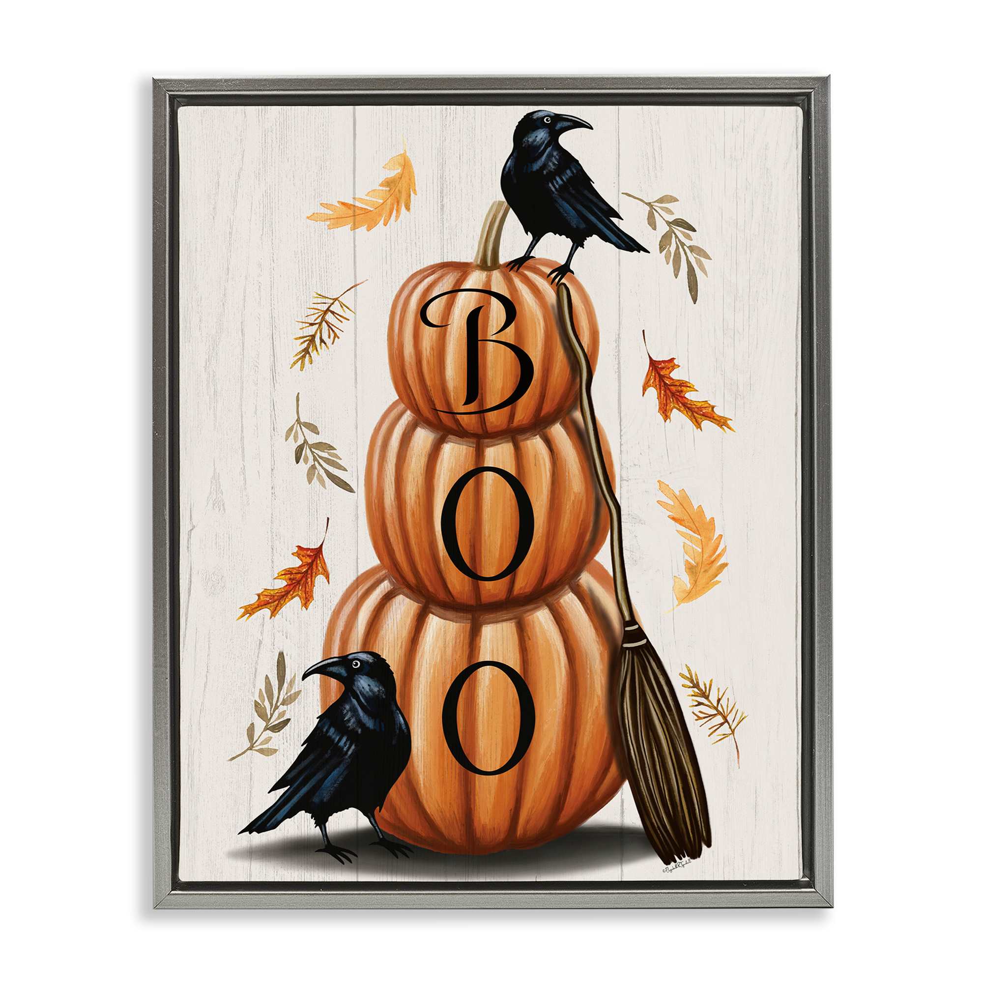 Stupell Industries BS-671-FFL-16X20 Boo Crows and Pumpkins Gray Framed Floater Canvas Wall Art By Elizabeth Tyndall 17 x 21