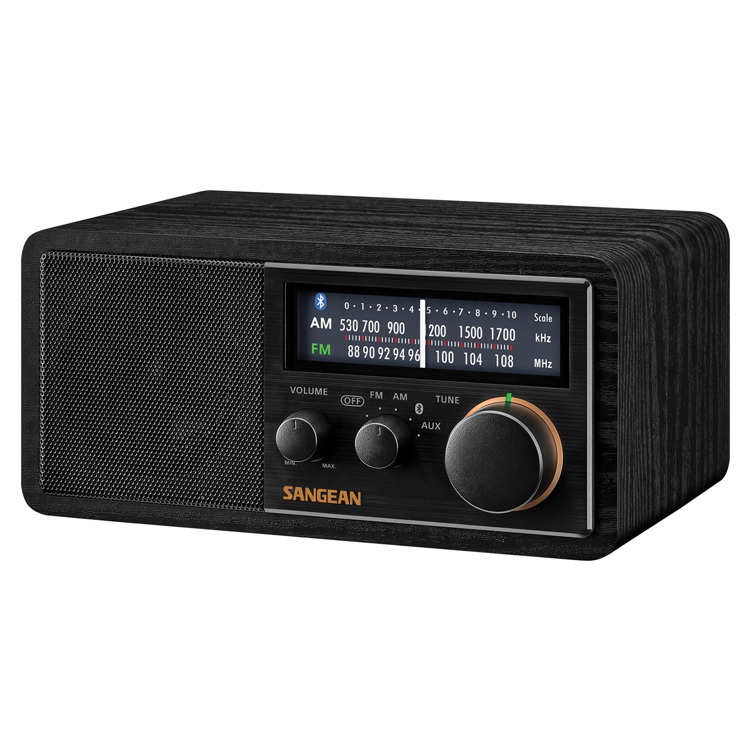 Sangean Black AM/FM Radio with Bluetooth, USB Port, and Auxiliary Ports -  Universal Compatibility - Analog Display - Plug-in Power Source