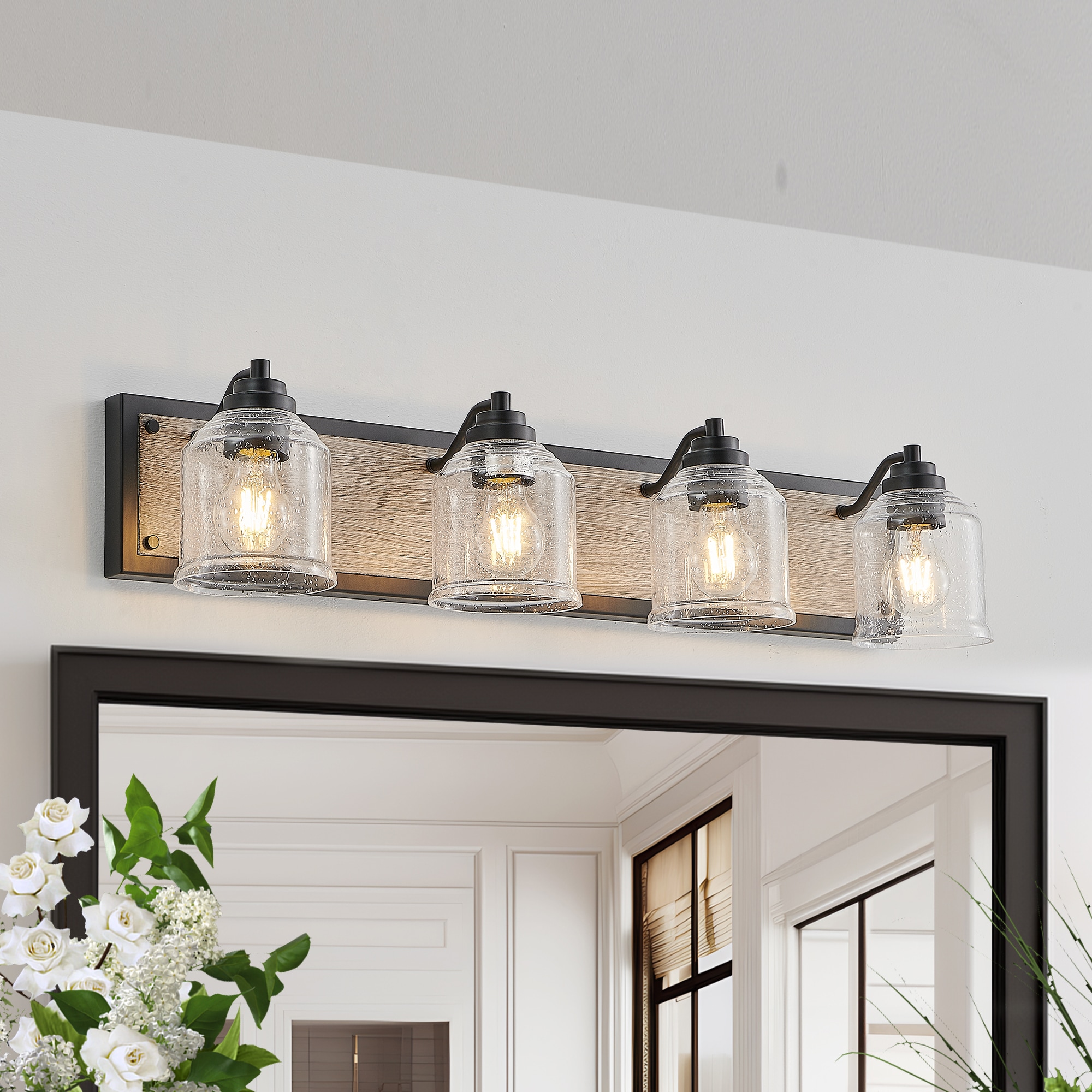 LOVMOR 32 Farmhouse Vanity Light 4 Light Clear Glass Black Wood for Bathroom No Bulbs