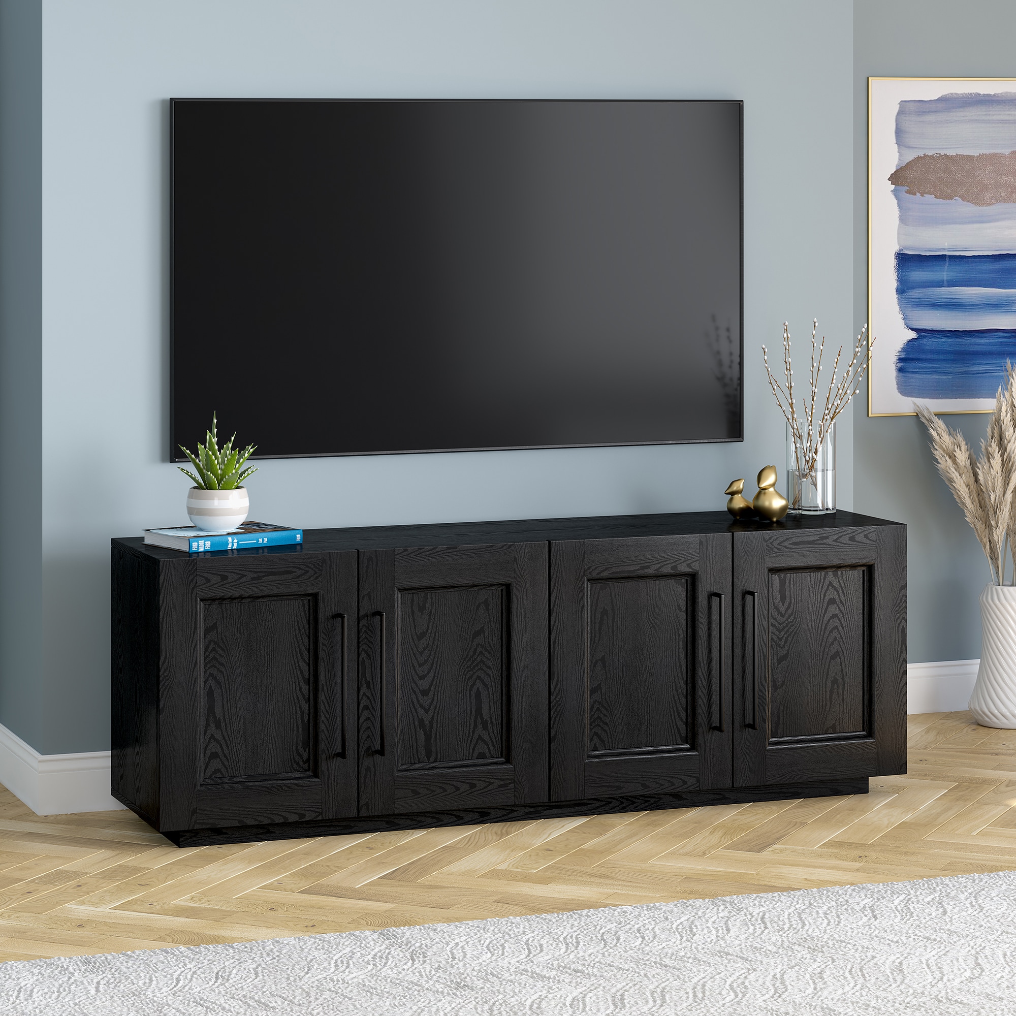 Black Grain MDF 68" TV Stand with Cabinets