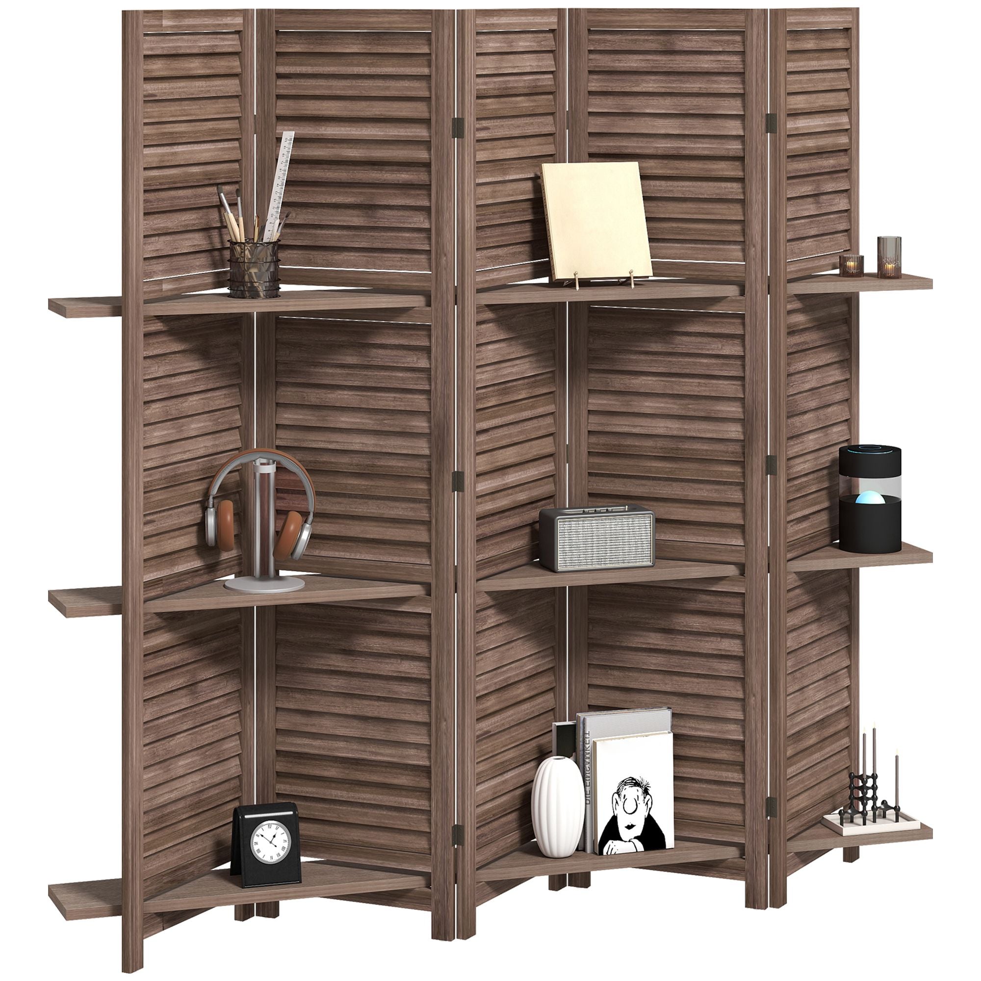 JUSHUA - 5 panel 67 inches tall wood privacy screen room divider with 3 shelves and folding stora...