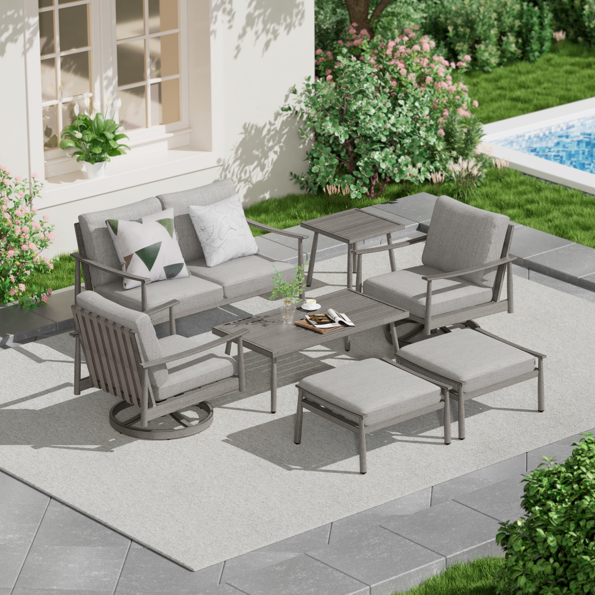  CP-SF7-GG-B4-WL2 7 -Piece Patio Conversation Set with Gray Cushions