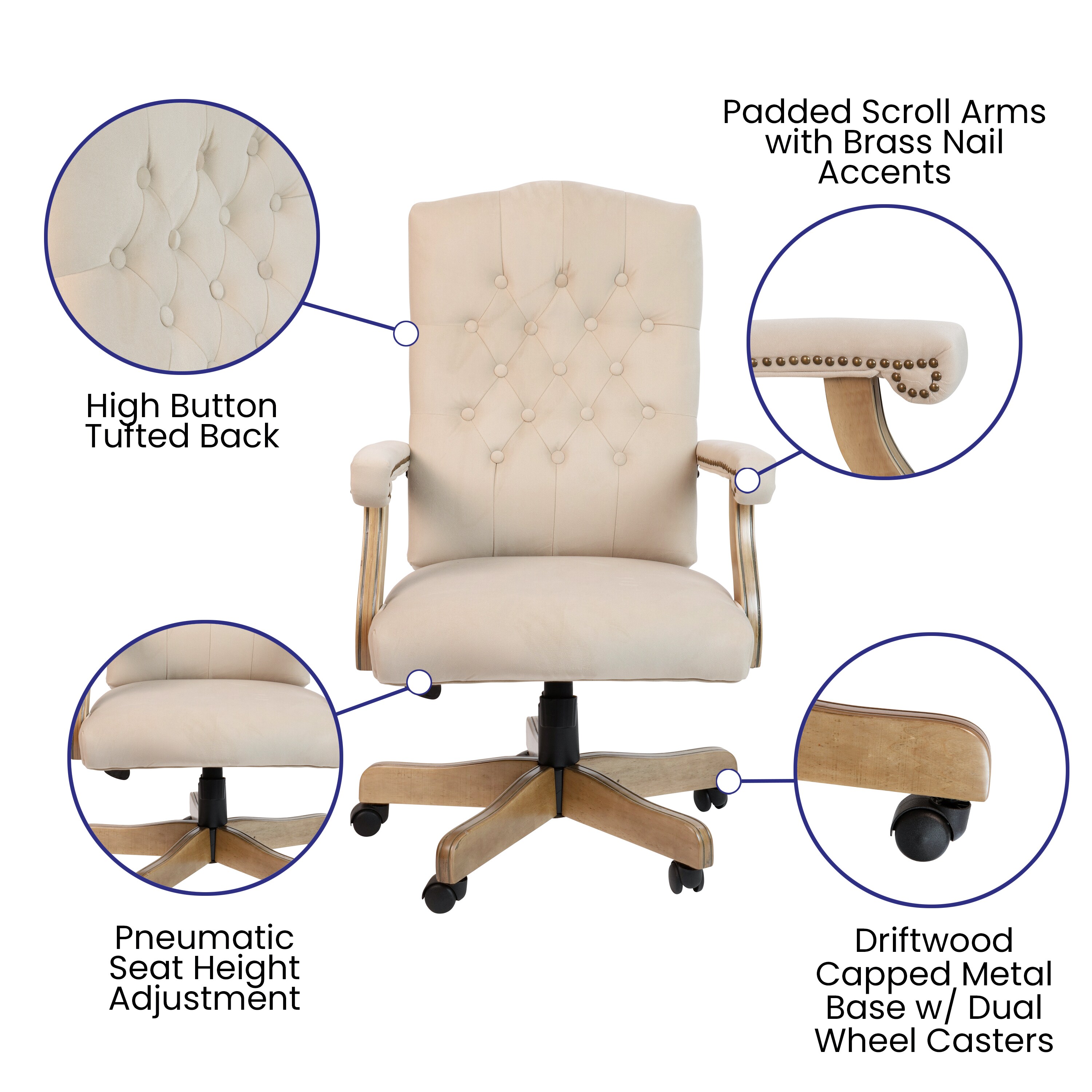 Ivory Microfiber High Back Executive Swivel Office Chair with Driftwood Arms
