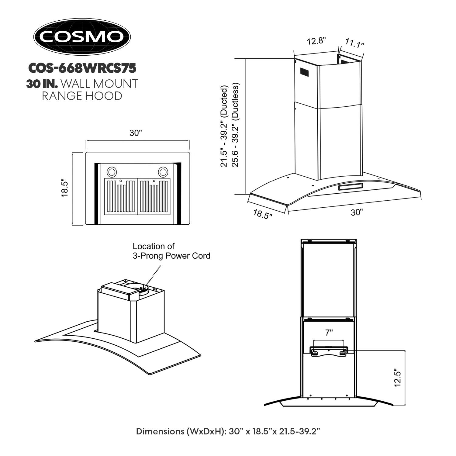 COS-668WRCS75  30″ Stainless Steel Wall Mount Range Hood with