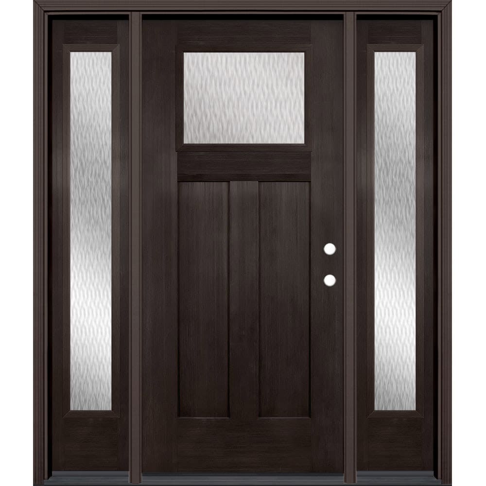 Masonite 627859 Double Water Textured Glass 64-in x 80-in x 4-9/16-in Fiberglass Craftsman Left-hand inswing Walnut Stained Prehung Front Door with Sidelights with Brickmould Insulating core