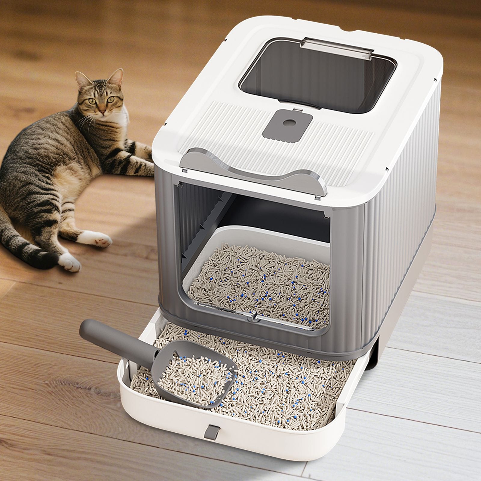 JUSHUA - Elevated leak proof elf white cat litter box made of sturdy and durable materials also s...
