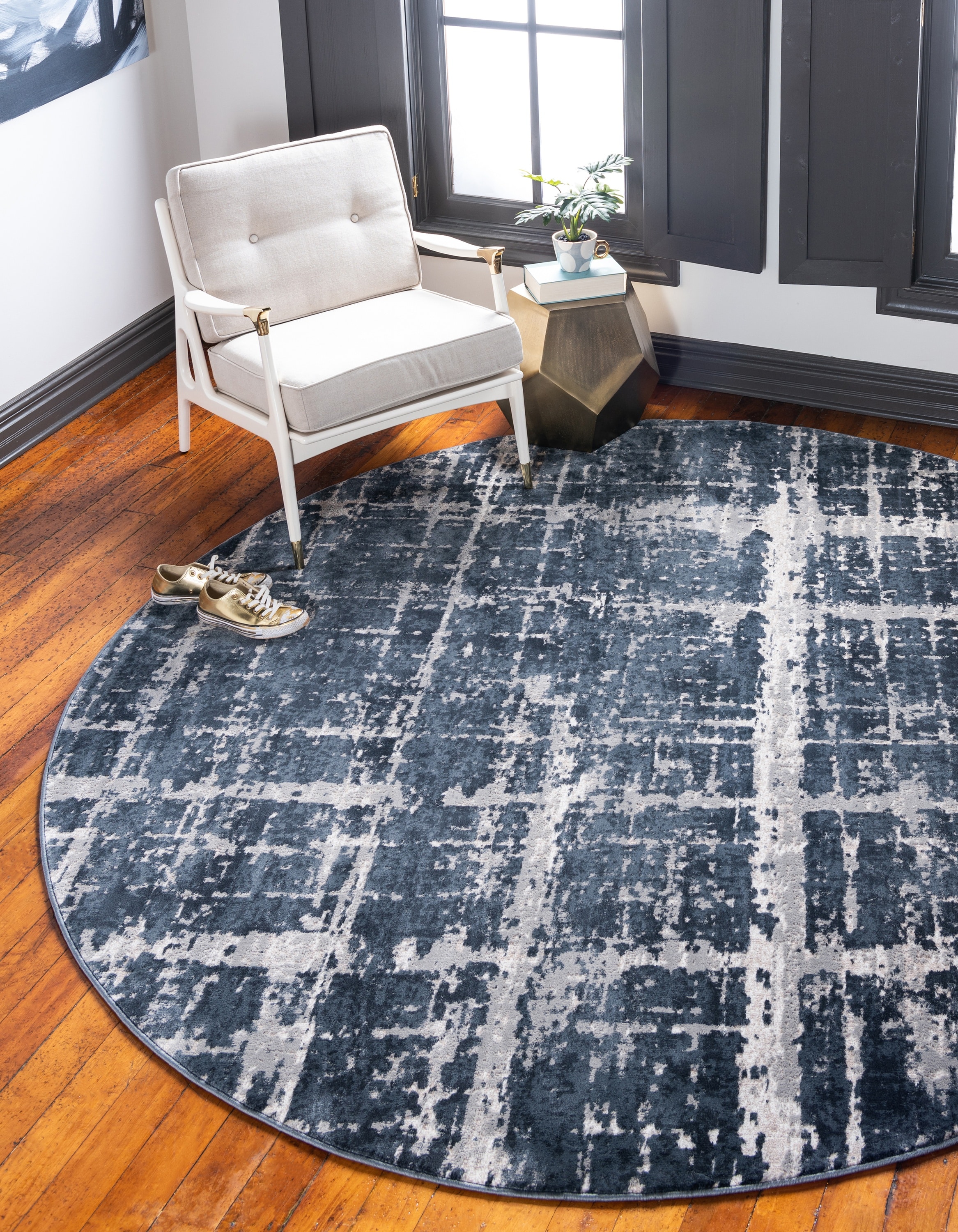Unique Loom 3141135 Jill Zarin Lexington Avenue Uptown 8 x 8 (ft) Loomed Polypropylene Navy Blue Round Indoor Stripe Industrial Area rug