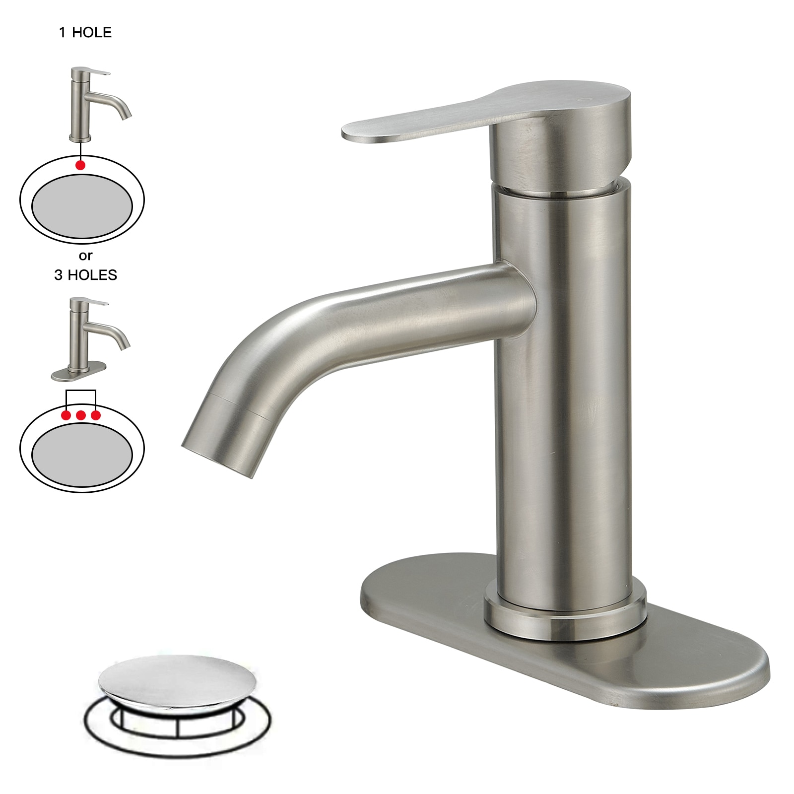 BWE A-96024-N Brushed Nickel Single hole 1-handle WaterSense Low-arc Commercial/Residential Handle Bathroom Sink Faucet with Drain with Deck Plate