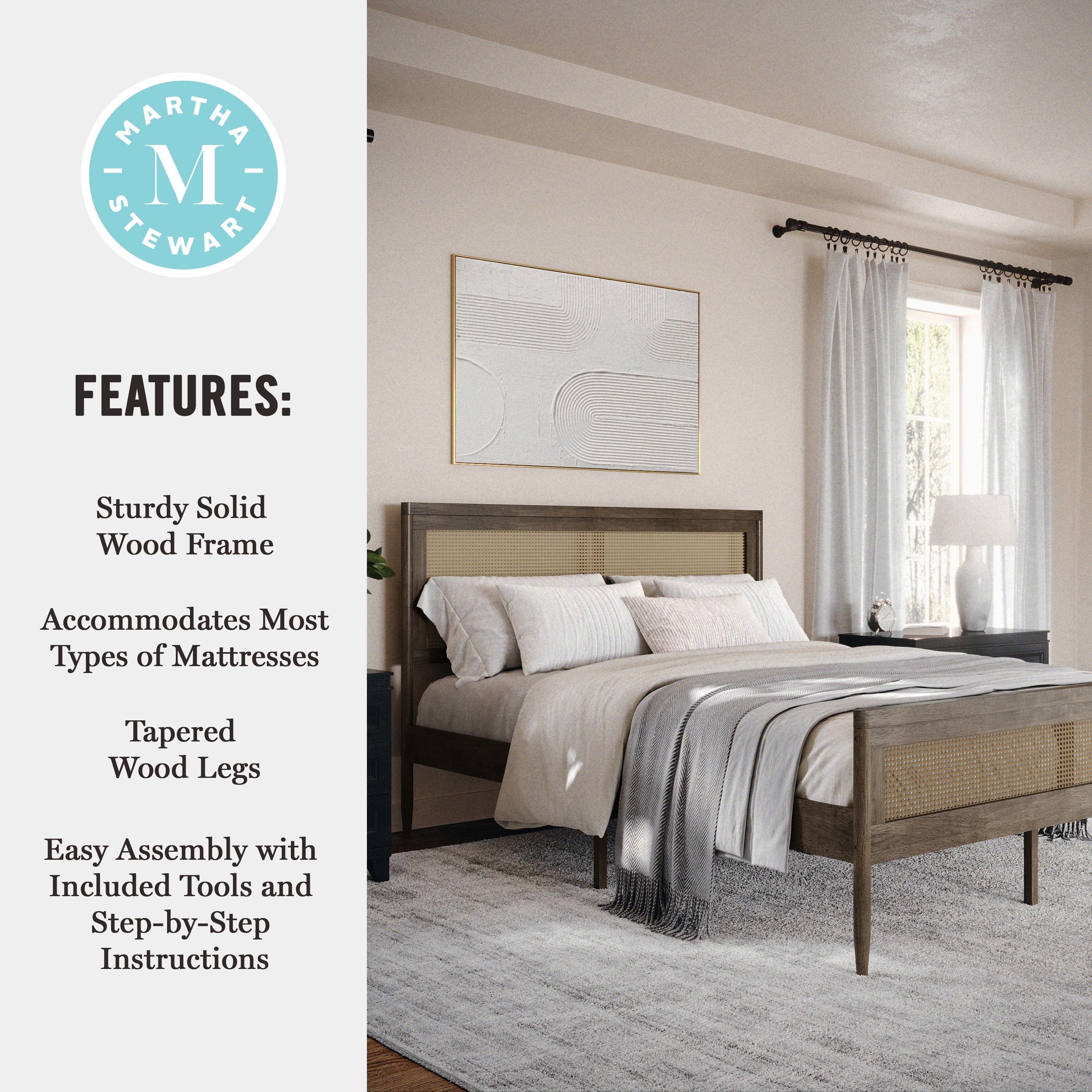 Brown Gray Queen Wood Platform Bed with Rattan Headboard and Footboard