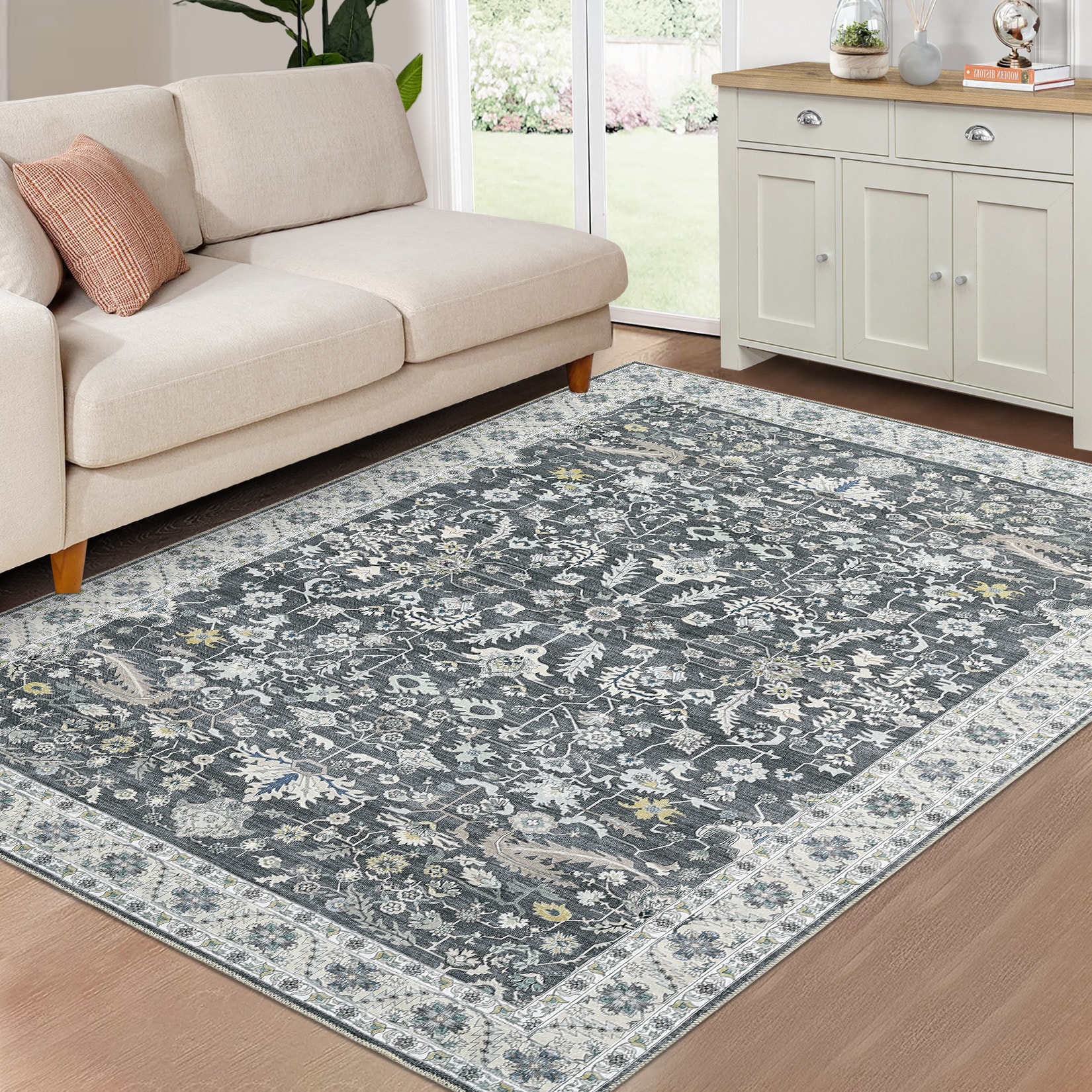 Garvee YXY-LO-PHO-0YG4SO0U 8 x 10 (ft) Loomed Polyester Gray Rectangular Indoor Floral/Botanical Persian Machine washable Area rug