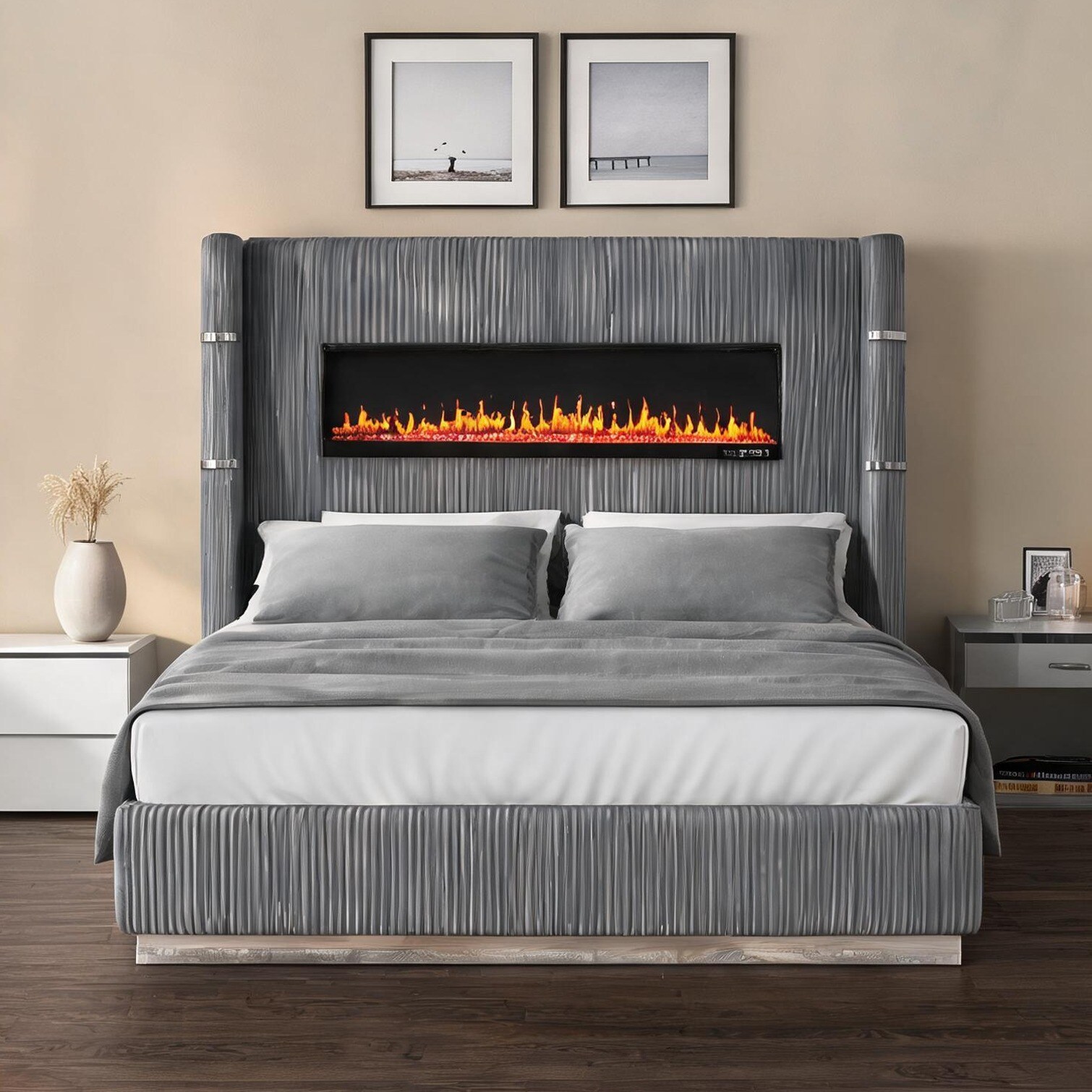 SunJet - Soft Gray Velvet Upholstered Queen Bed with Ambient Light for a Sophisticated Bedroom Re...