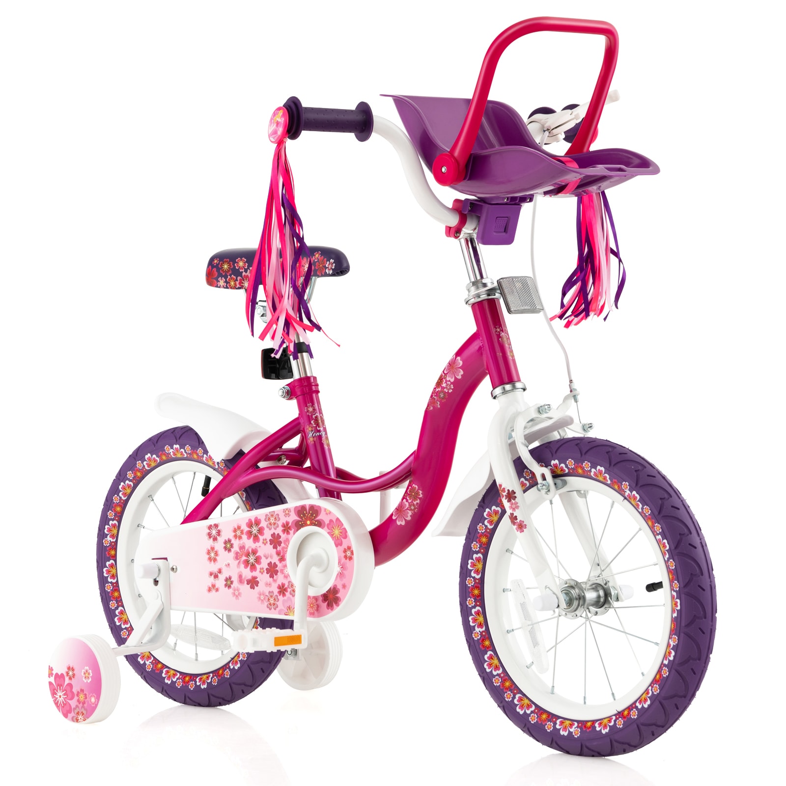 Slickblue 14/16 Inches Girls Bike with Training Wheels Dual Brakes Doll Seat Adjustable Handlebar and Saddle - Pink and Purple