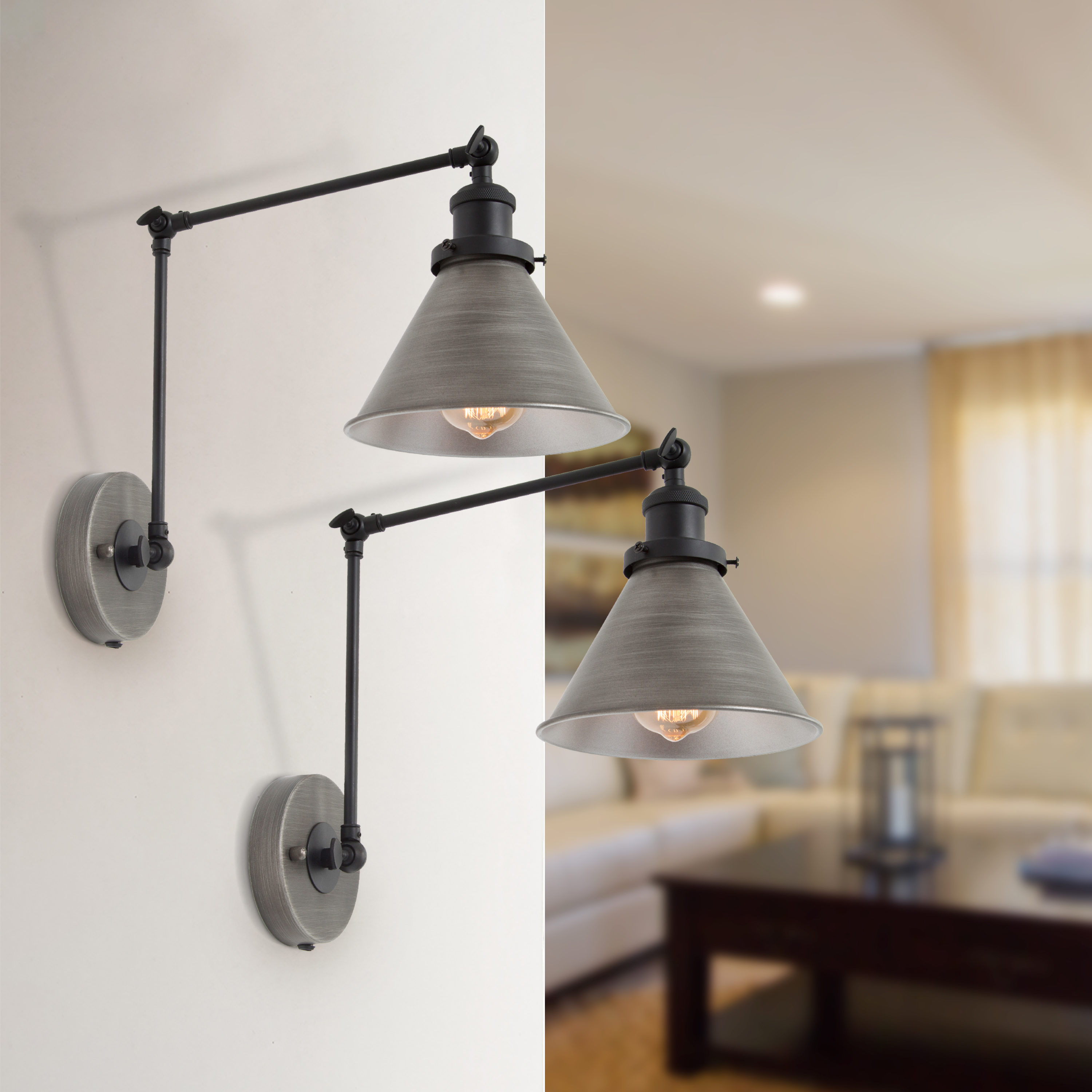 LNC Matte Black Industrial Wall Sconce 1-Light Bell Swing Arm Desk