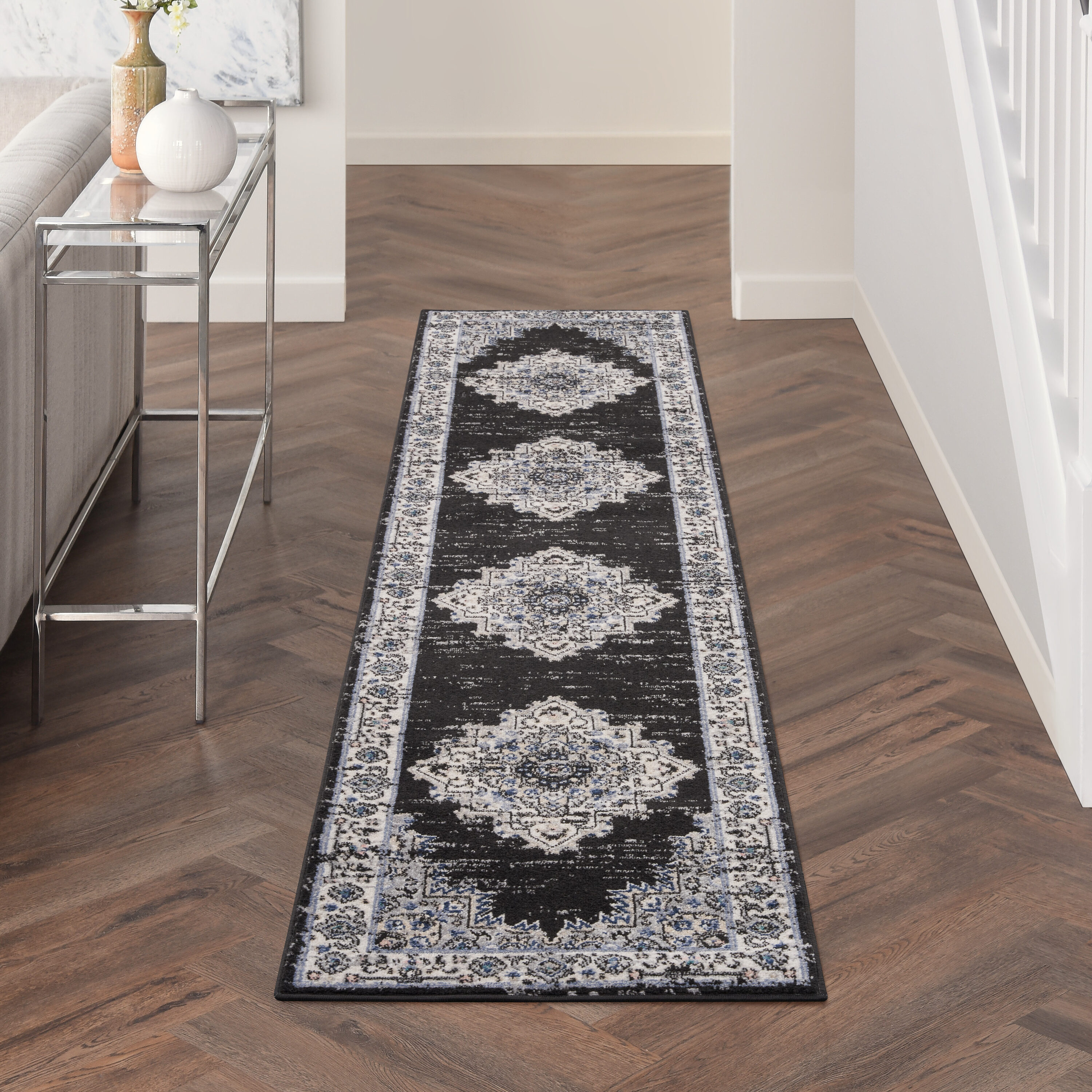 Nourison 099446018564 Passion 2 x 10 (ft) Loomed Polypropylene Black Ivory Rectangular Indoor Border Vintage Runner rug