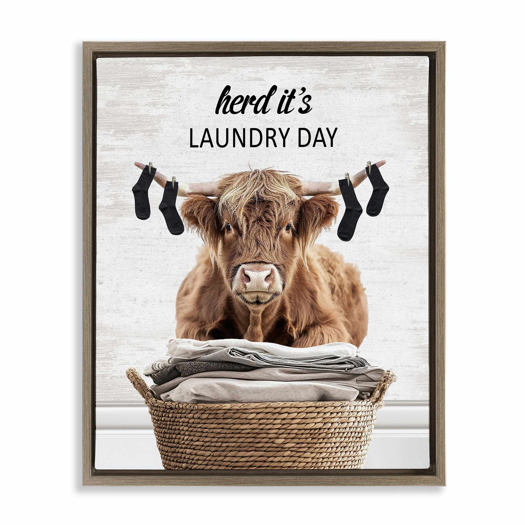 Stupell Industries BS-883-FFE-24X30 Laundry Cattle with Hanging Socks Brown Framed Floater Canvas Wall Art By Lettered and Lined 25 x 31