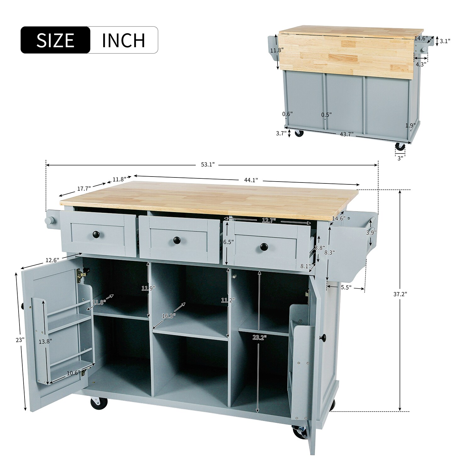 SINOFURN Blue Mdf Base with Wood Top Rolling Kitchen Cart (29.5-in x 53 ...