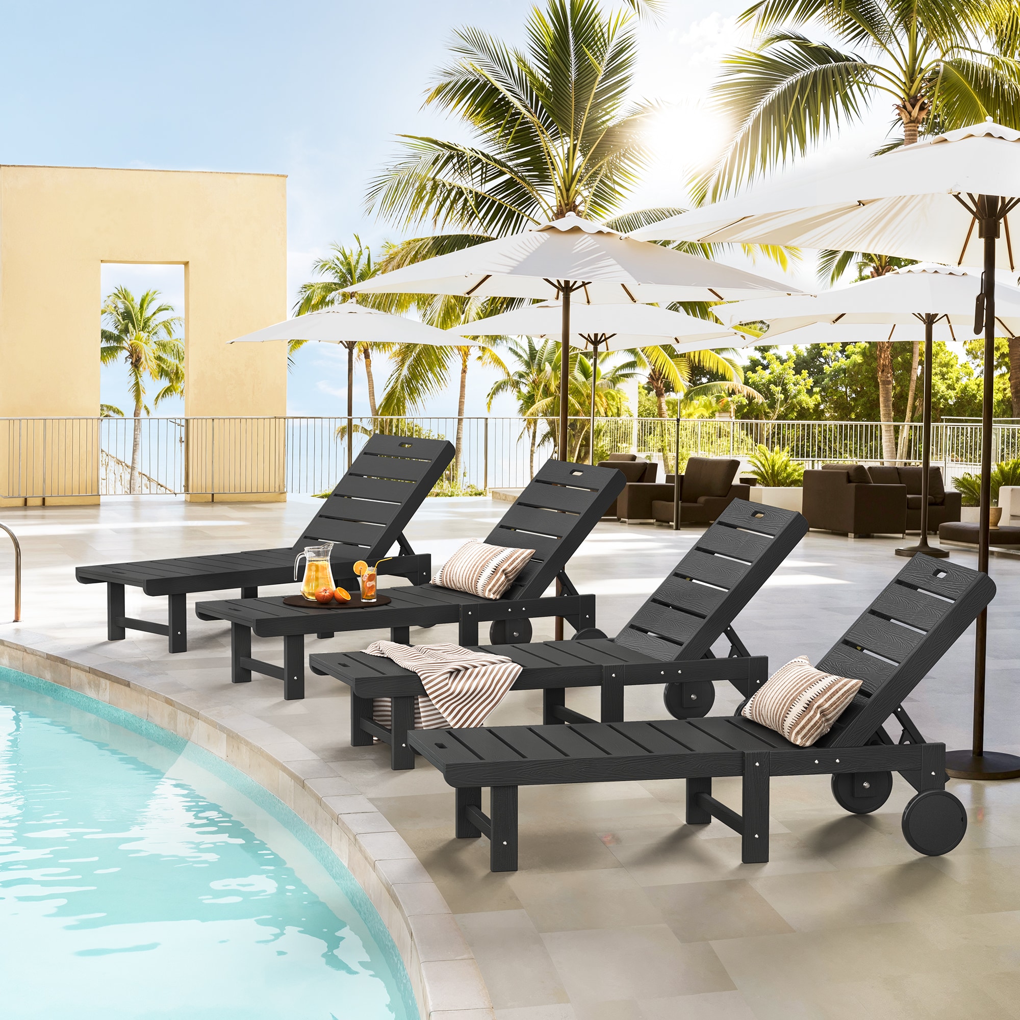 Yurevna 4JT-003-01LS Chaise lounge Set of 4 Black HDPE Frame Stationary Chaise Lounge Chair with Slat Seat