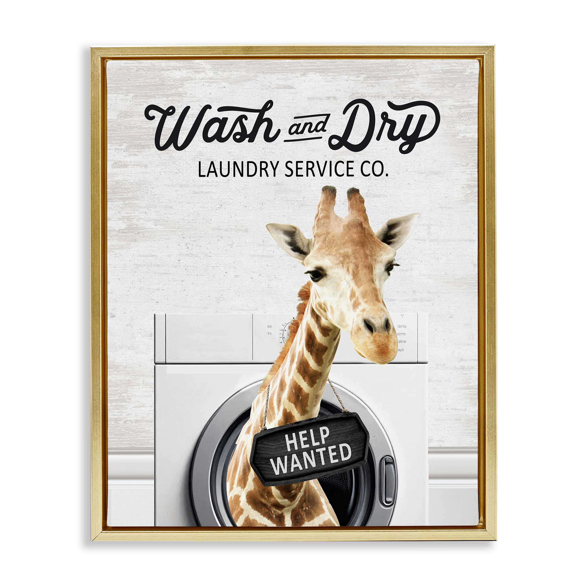 Stupell Industries BS-908-FFG-24X30 Wash and Dry Laundry Giraffe Gold Framed Floater Canvas Wall Art By Lettered and Lined 25 x 31