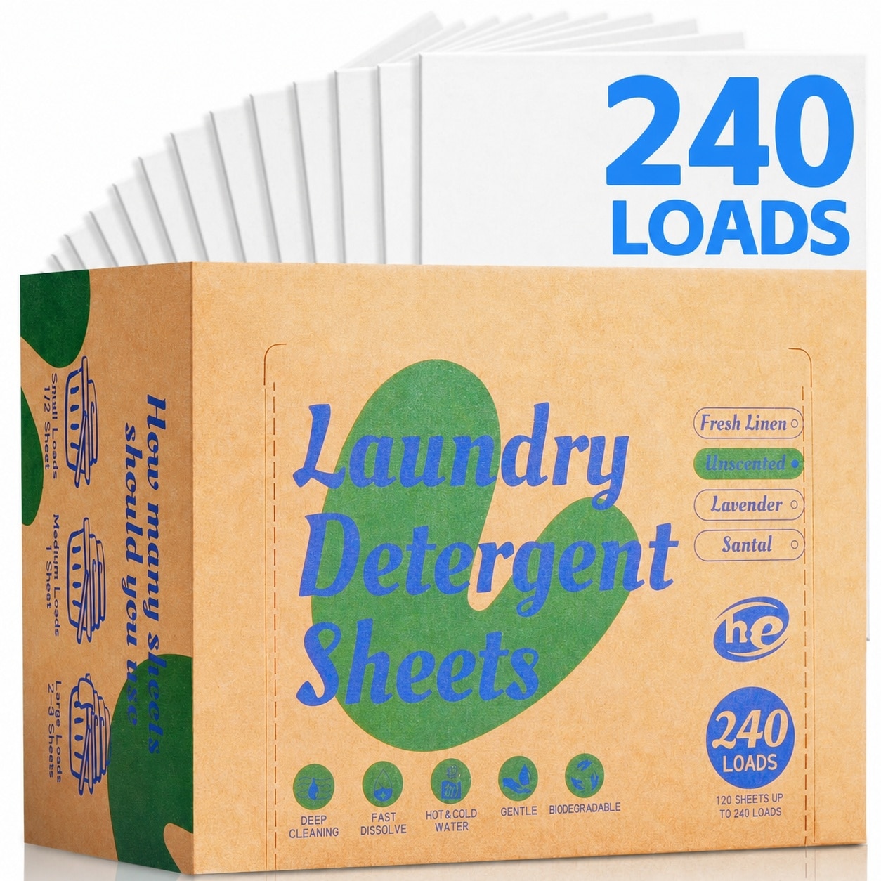 LAIFUCAM  Laundry Detergent Sheets Unscented 120 Sheet Pack Up to 240 Loads Gentle for Sensitive Skin Eco Friendly Quick Dissolve for Dorm Home