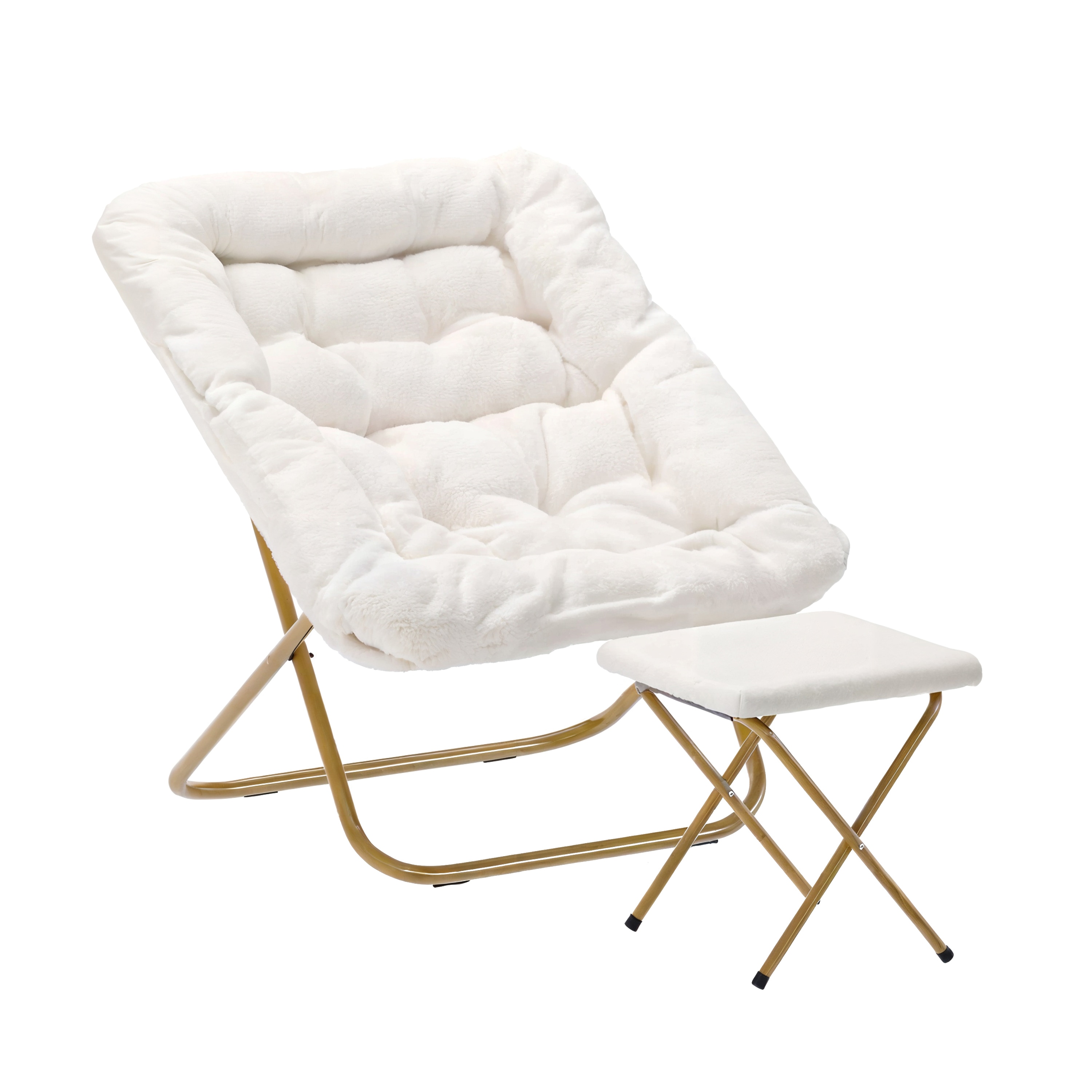 Emma + Oliver - Aisling Oversized Faux Shearling Folding Saucer Chair with Ottoman for Dorm; Bedr...