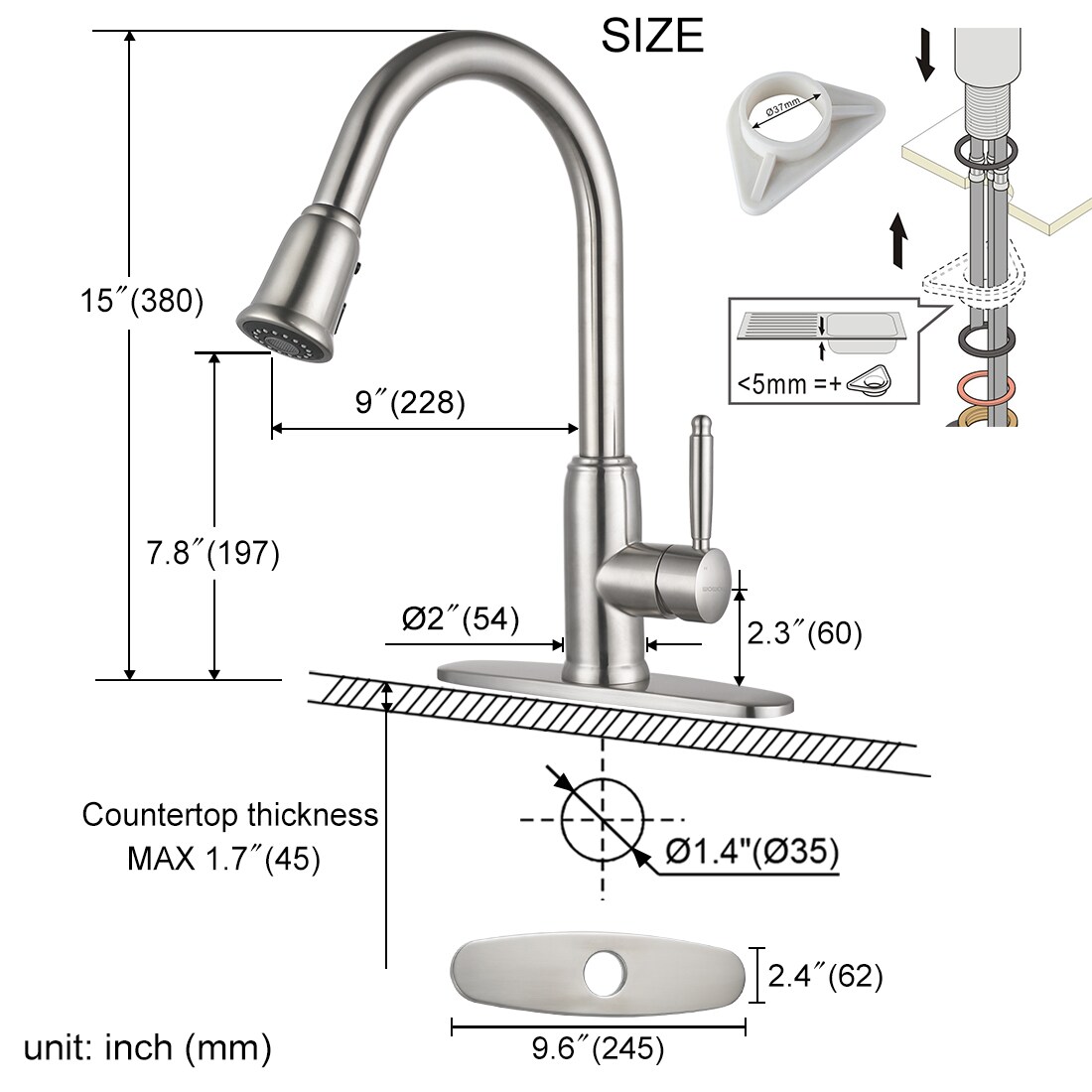 WOWOW Brushed Nickel Single Handle Kitchen Faucet with Sprayer (Deck ...