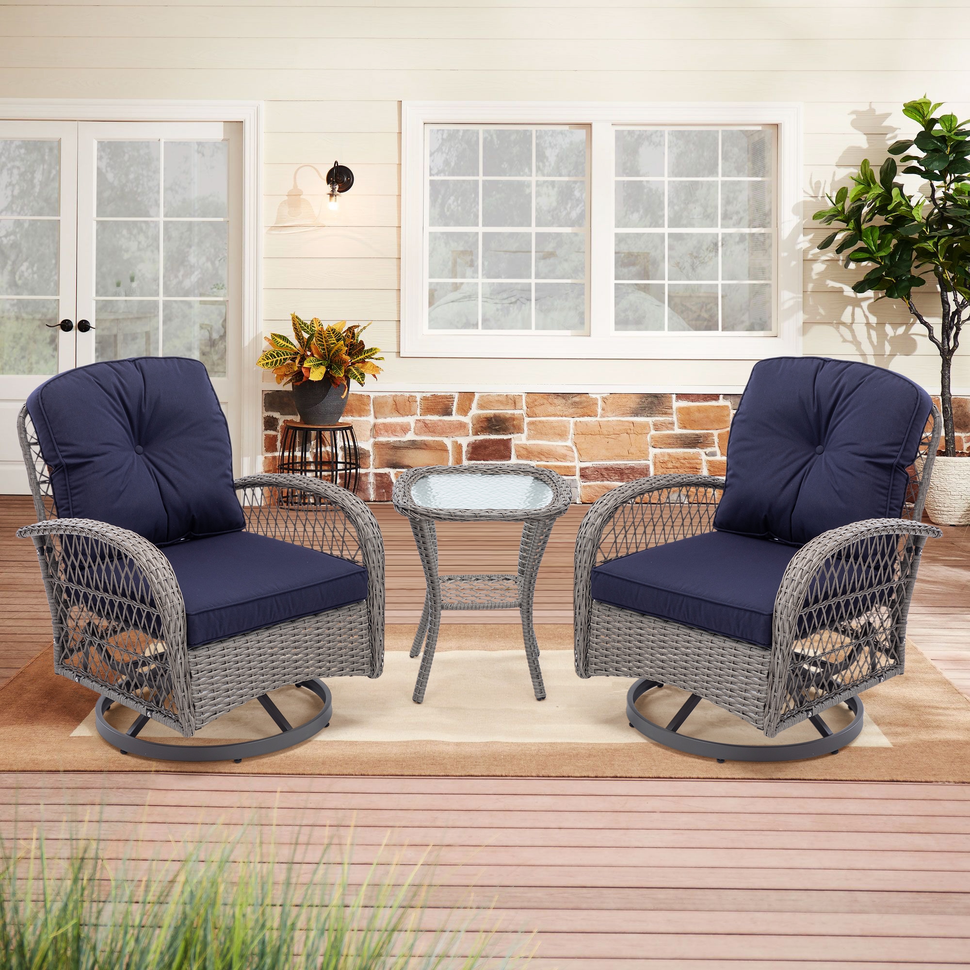 Fun Orange FUNS2HW15 3-Piece Wicker Patio Conversation Set with Blue Cushions