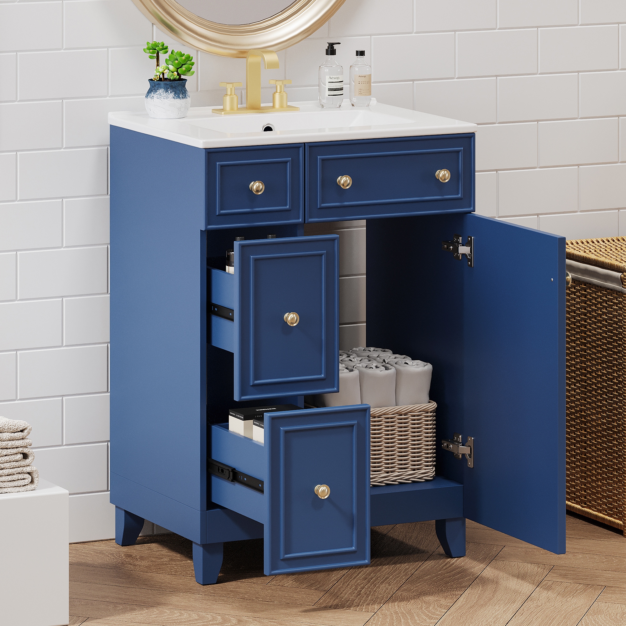 GDFStudio 345523 Milo Solid Frame and MDF Board 24-Inch Bathroom Vanity Cabinet with Ceramic Sink and 2 Drawers 1 Door-Blue