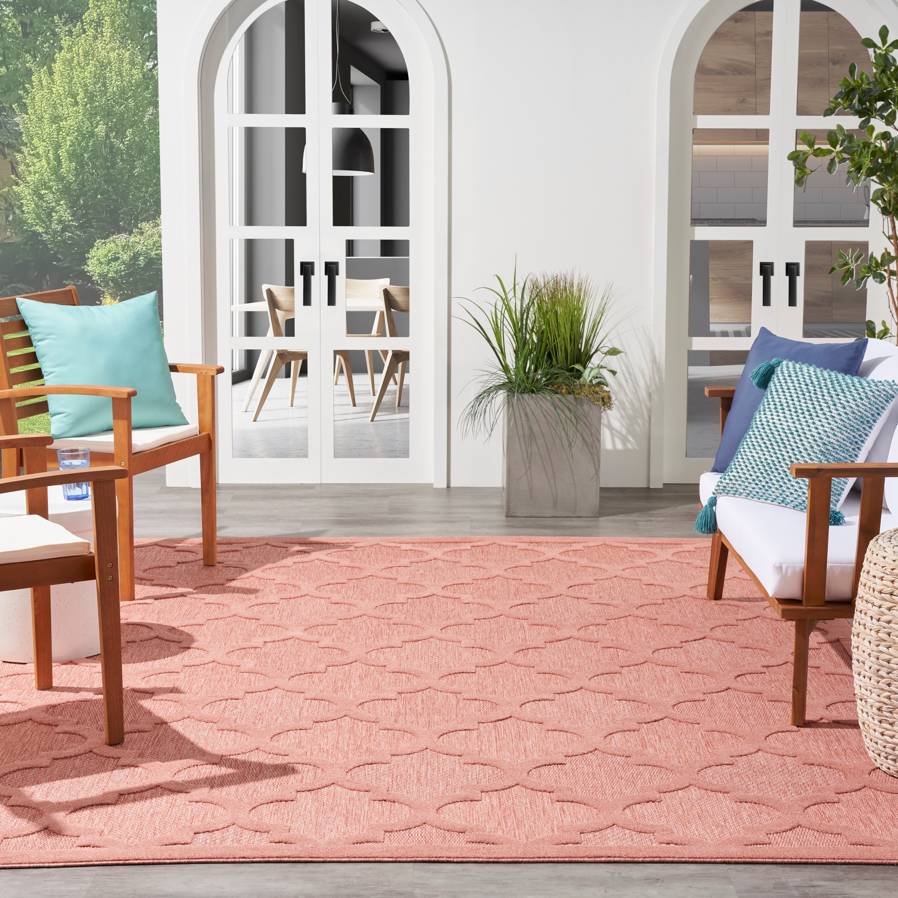 Coral Orange Trellis Synthetic 9' x 12' Rectangular Area Rug