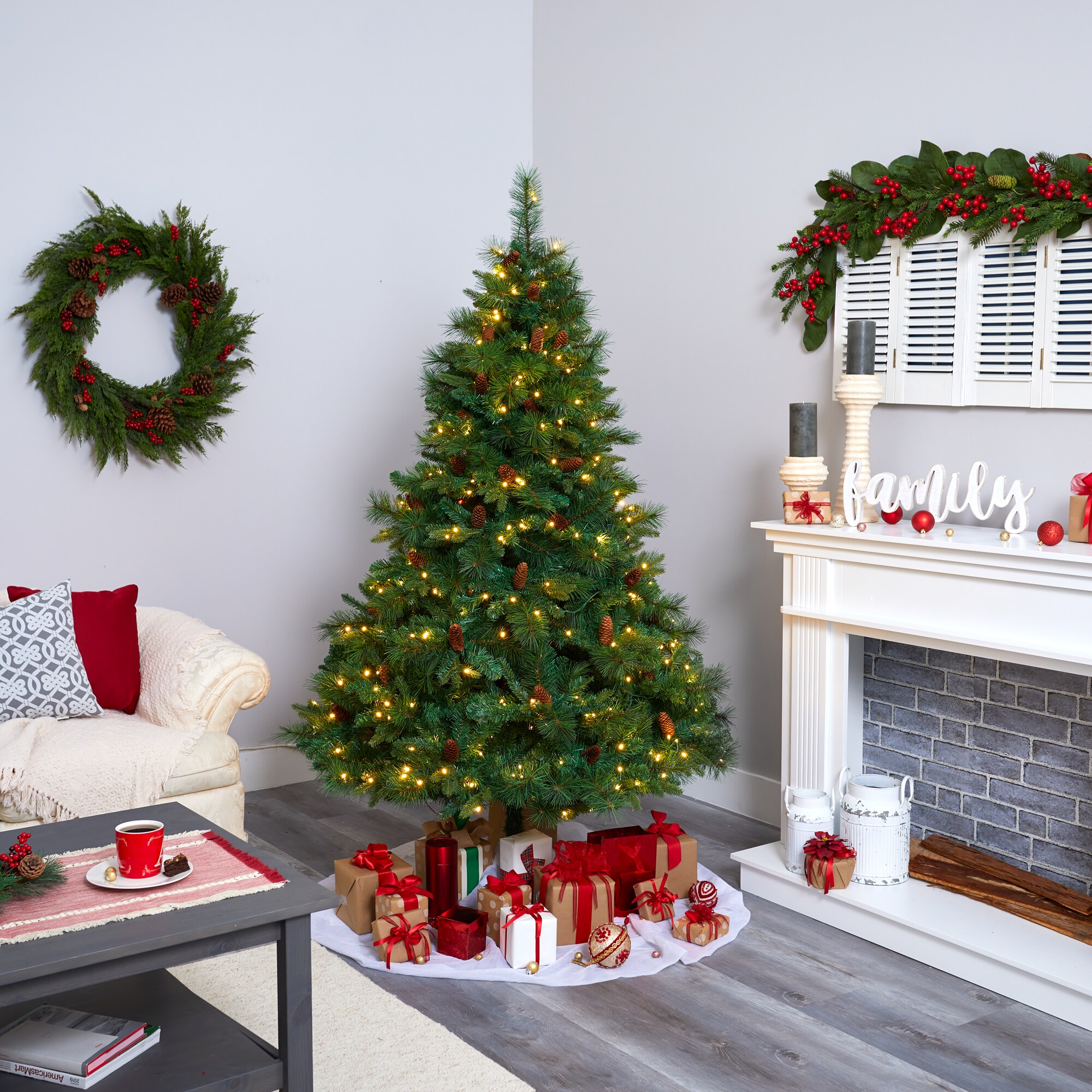 6ft Green Pine Artificial Christmas Tree with LED Lights and Pine Cones