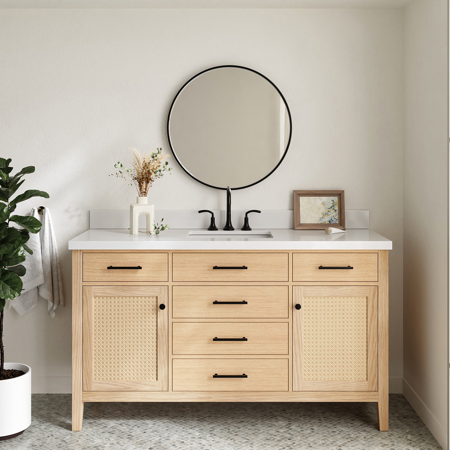 ARIEL - Camila 60-in White Oak Undermount Single Sink Bathroom Vanity with Pure White Quartz Quar...