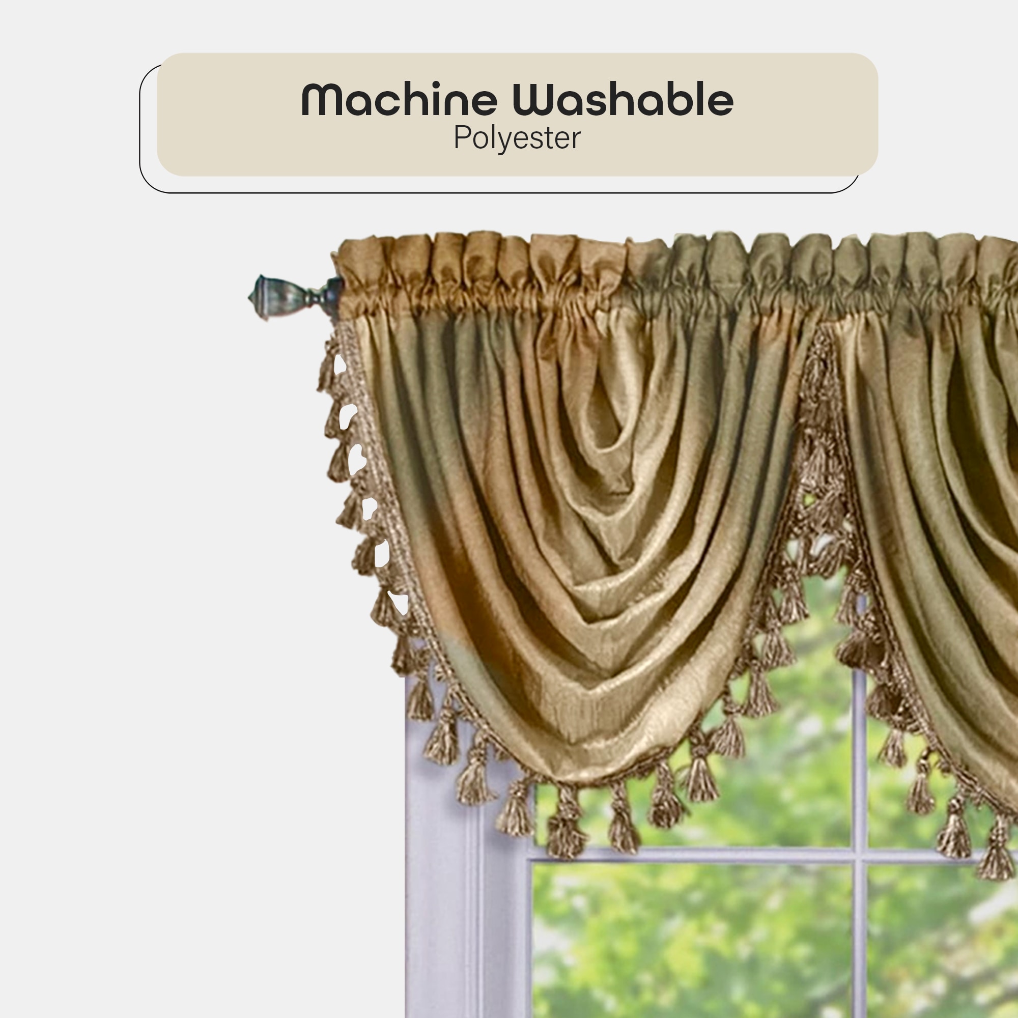 Beige Ombre Waterfall Light Filtering Curtain Valance with Tassels, 46x42