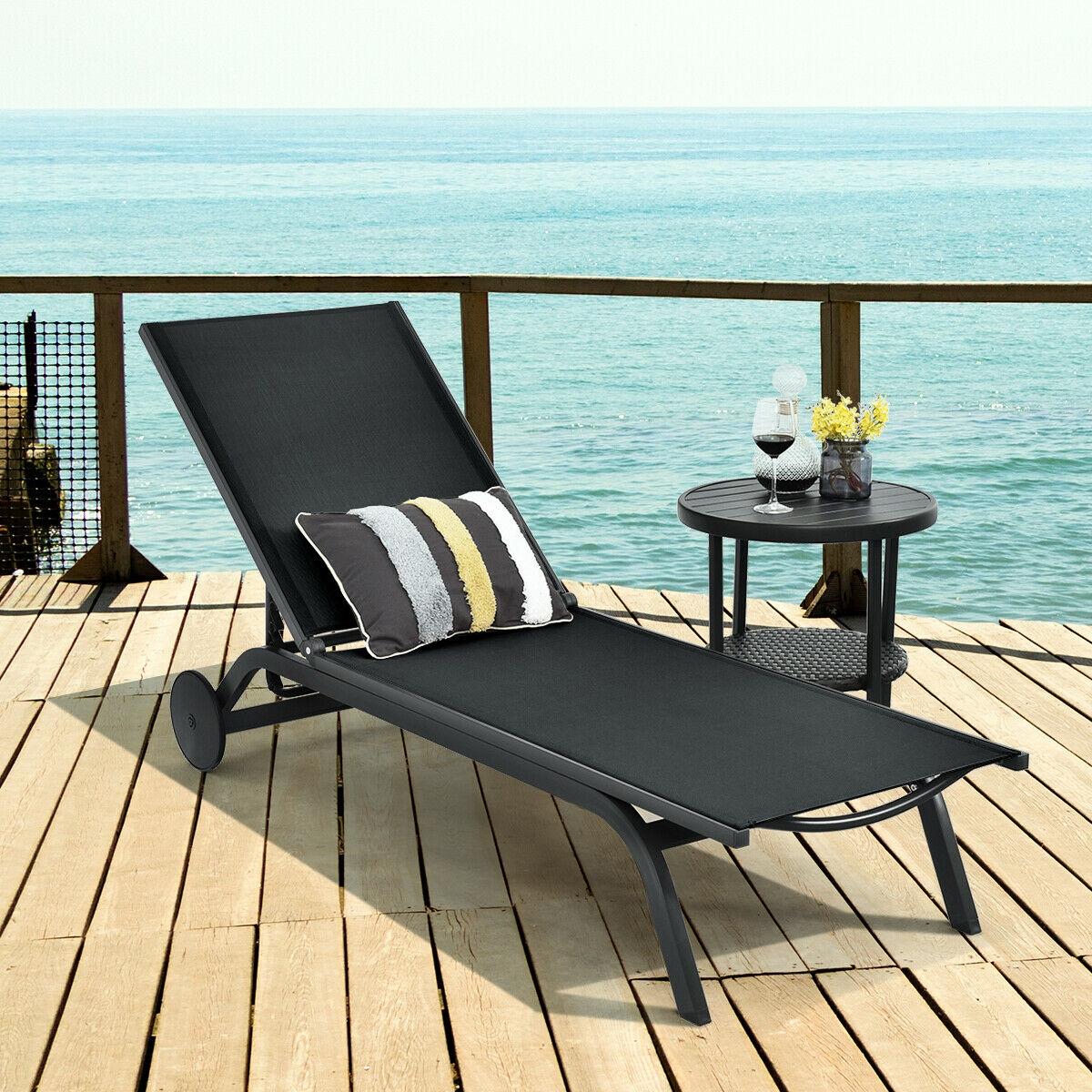 BABOOM BOM-70591BK-CO Outdoor Patio Recliner Chair Back Aluminum Frame Stationary Chaise Lounge Chair with Black Sling Seat