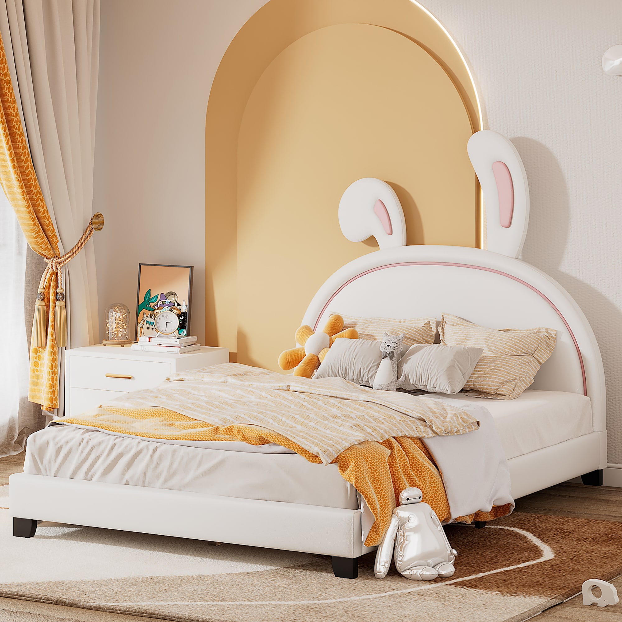 Qeetex - Full Size Bed Upholstered Leather Platform Bed With Rabbit Ears Headboard 10 Wood Slats ...