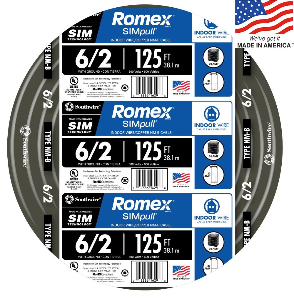 125-Ft Roll 6-2G AWG NMB Gauge Indoor Electrical Copper-Wire Ground Romex Cable 