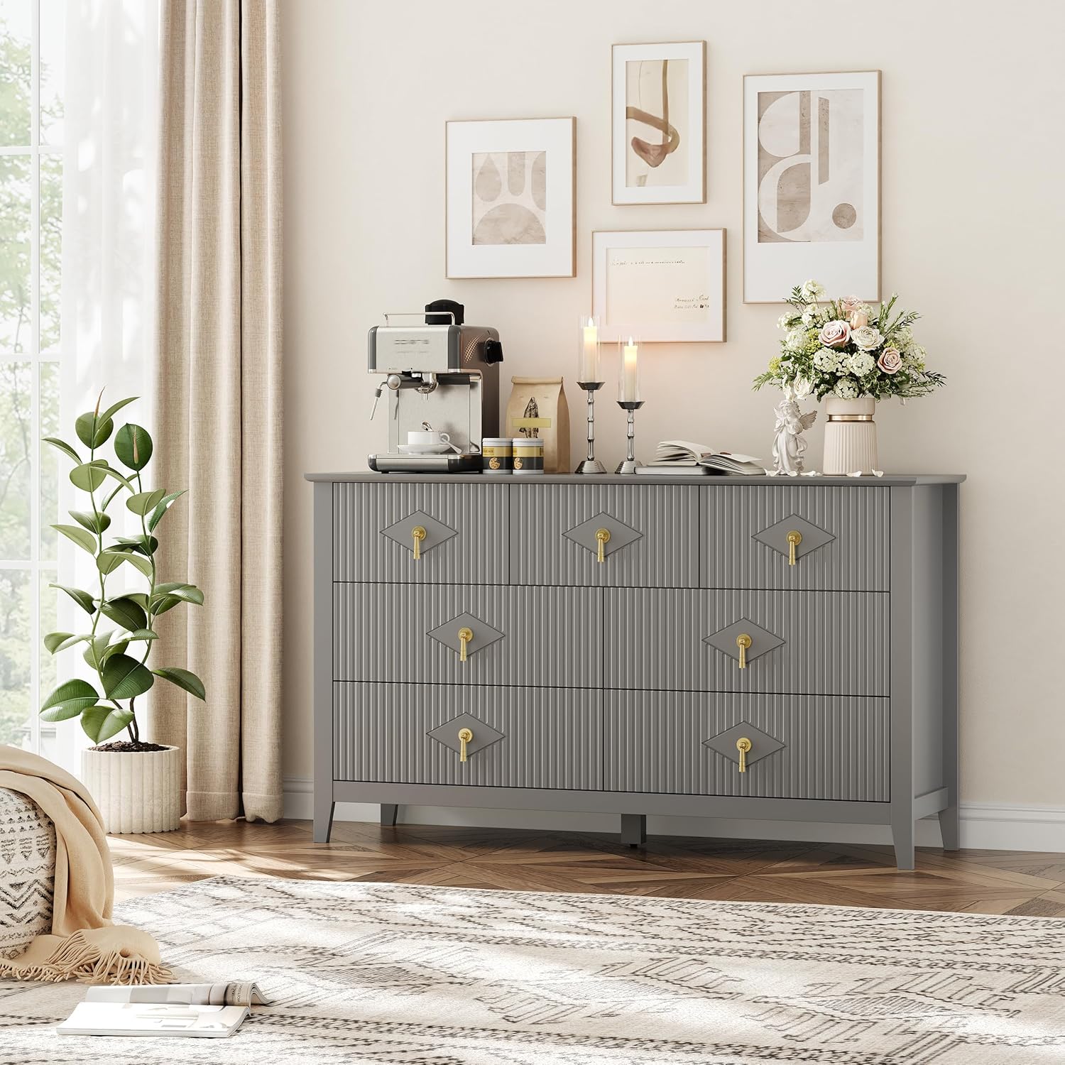 grey fluted dresser Garvee Fluted Dresser 54 Inch Wide, 6-Drawer Wood Dresser for Bedroom, Modern Chest of Drawers, Storage Organizer Cabinet for Living Room, Hallway,