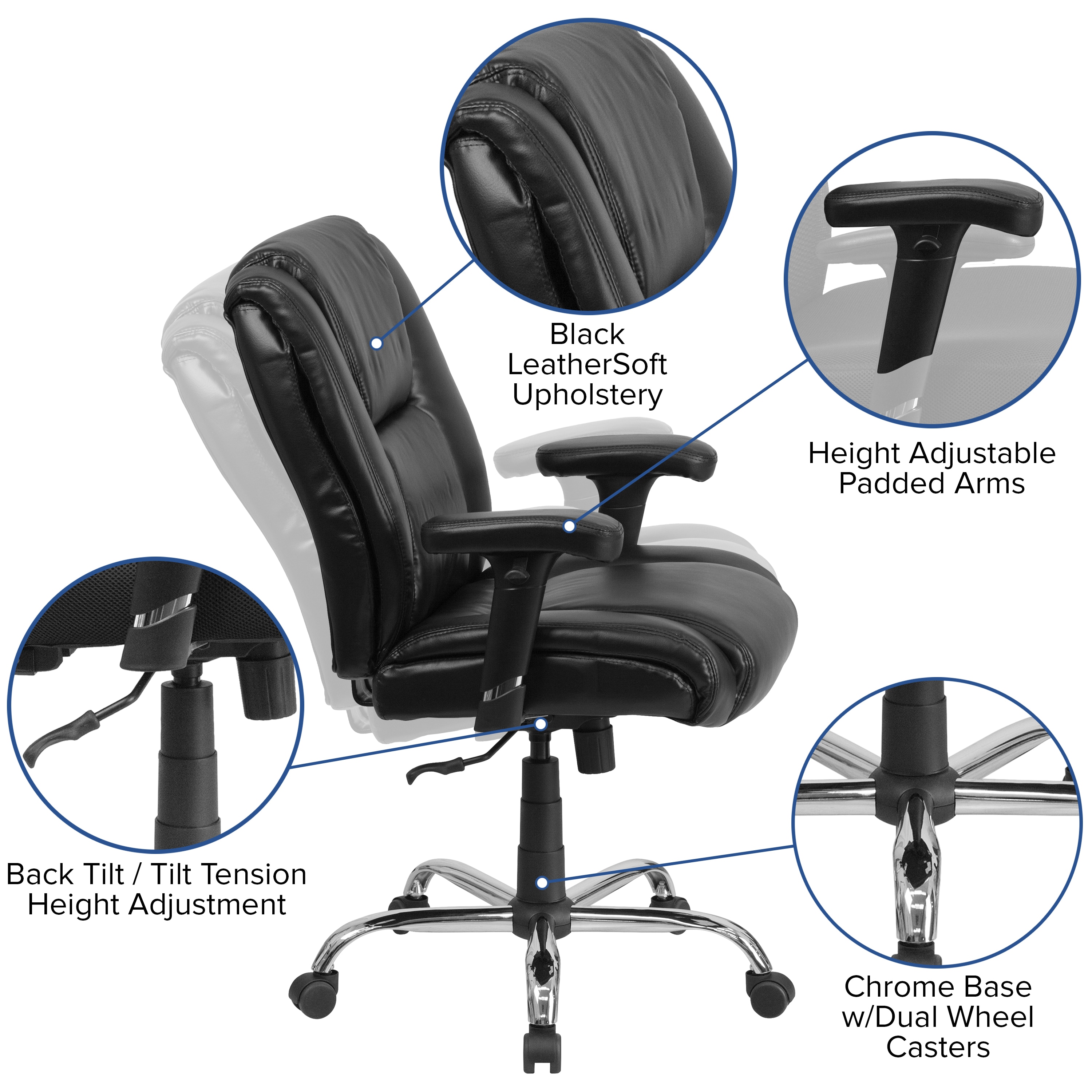 ErgoFlex Black LeatherSoft 360° Swivel Office Chair with Adjustable Arms