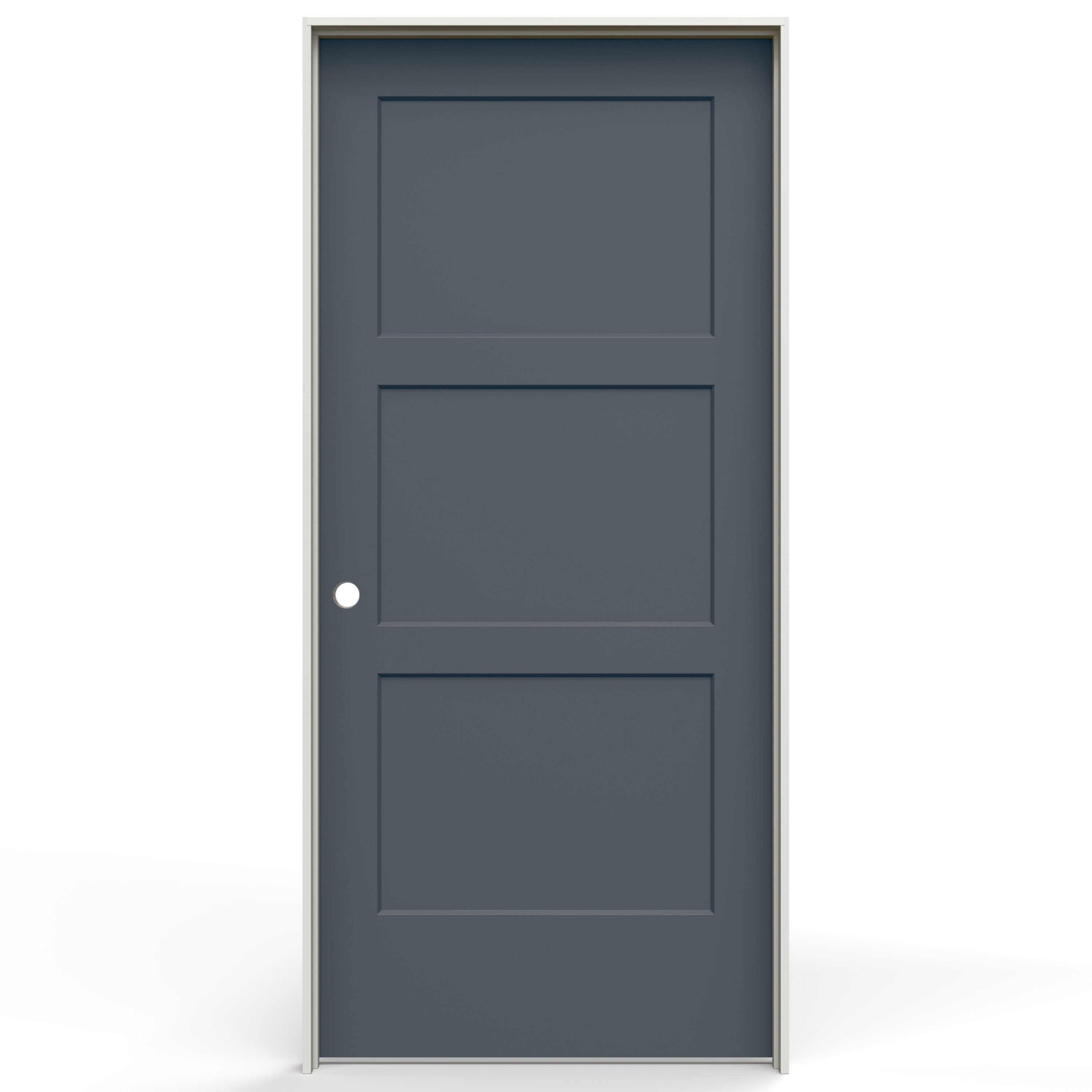 JELD-WEN LOWOLJW235301201 32-in x 80-in Steele Gray Solid core 3-panel equal Right hand Smooth Prefinished Molded composite Flat Jamb Single Prehung Interior Door