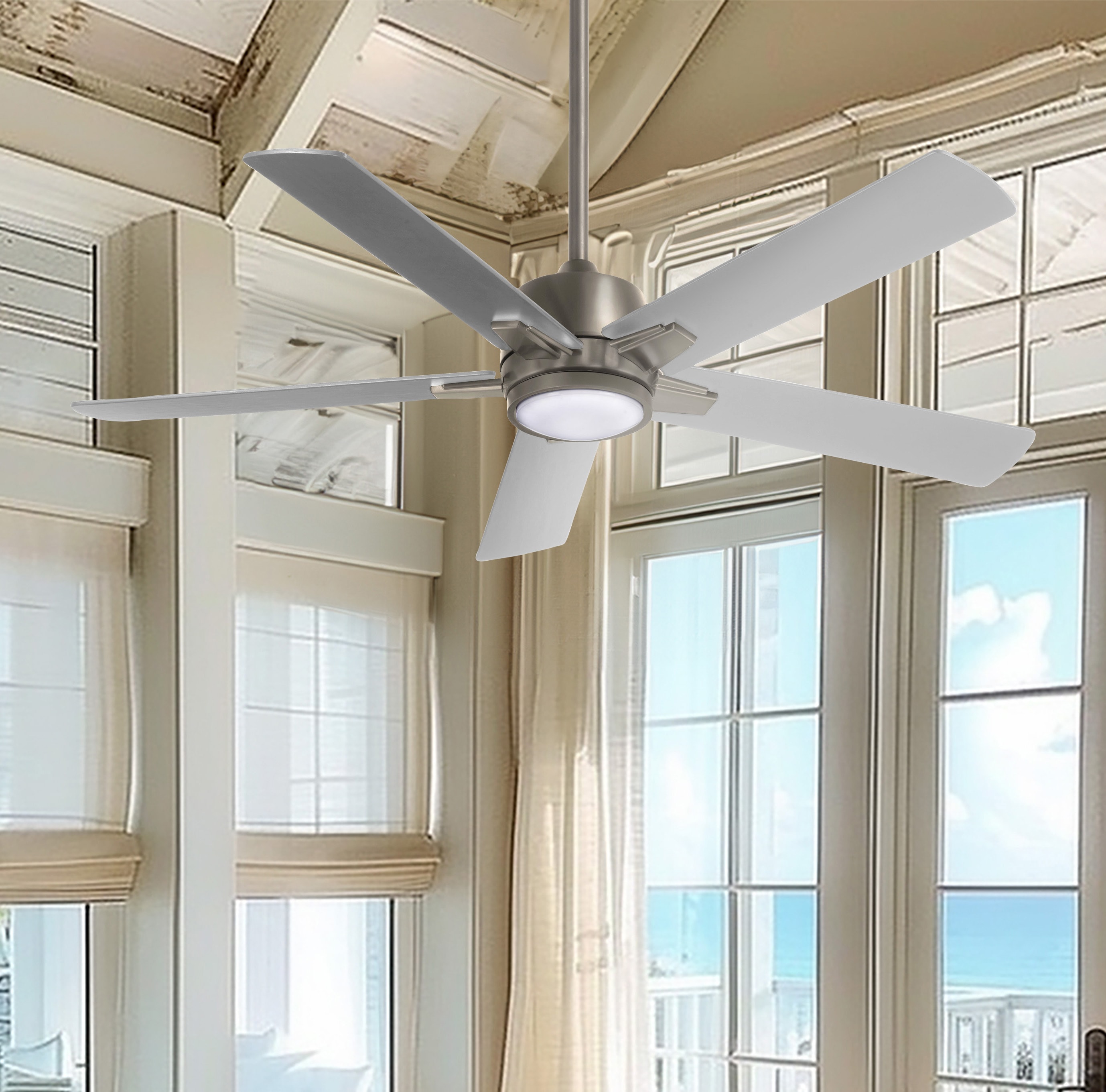 Minka Aire F619L-BN Stout 54-in Integrated LED Brushed Nickel with Silver Blades Ceiling Fan With Light - Remote Included ( 5 -Blade )