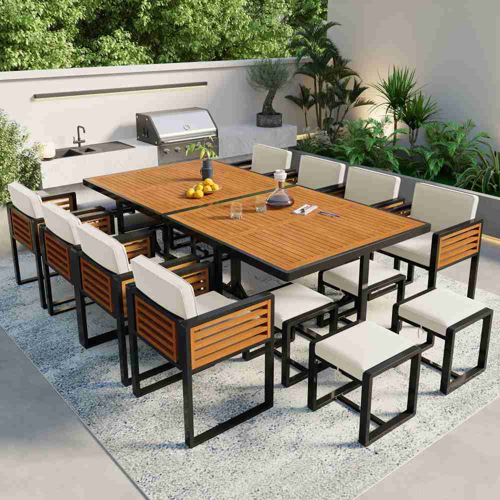 Coolbibila 18-Piece Square Patio Dining Set Chairs and Ottomans Acacia Wood Chair with Beige Cushion