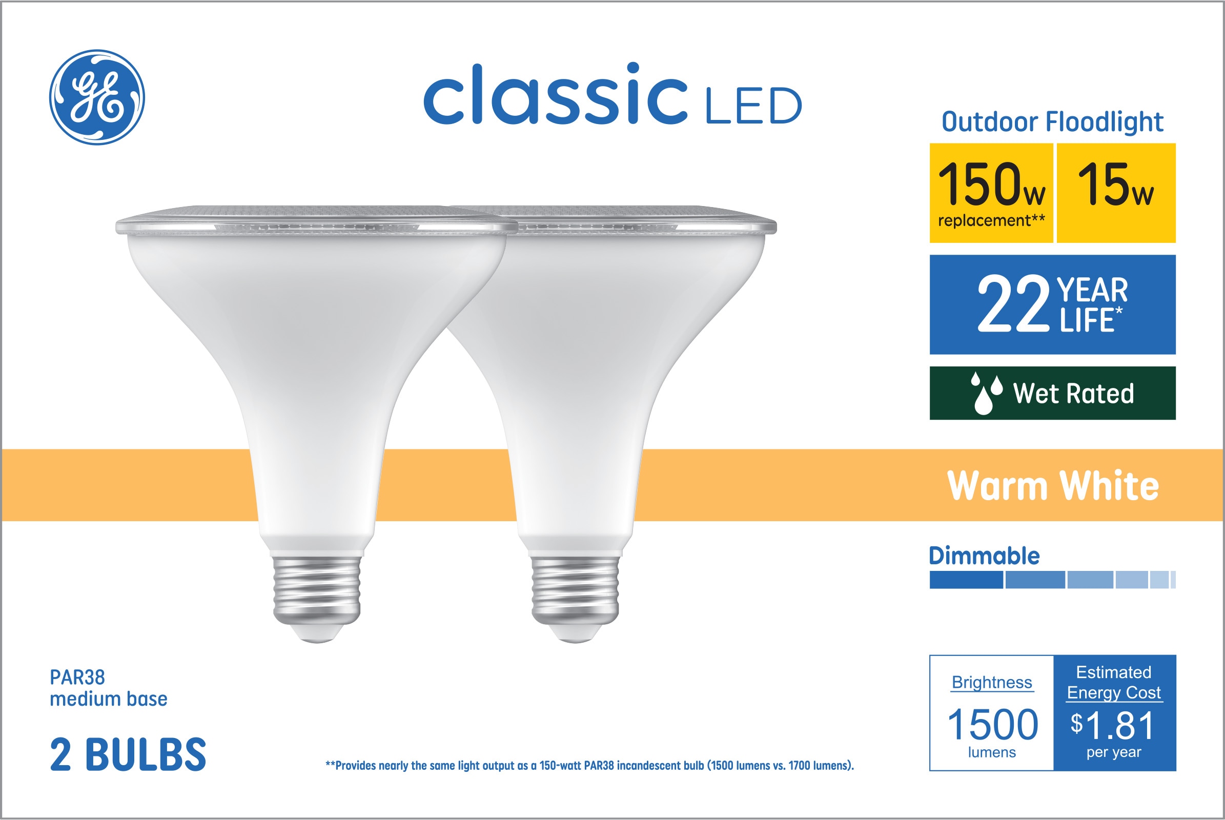 Classic 150-Watt EQ PAR38 Warm White Medium Base (e-26) Dimmable LED Light Bulb (2-Pack) | - GE 93131022