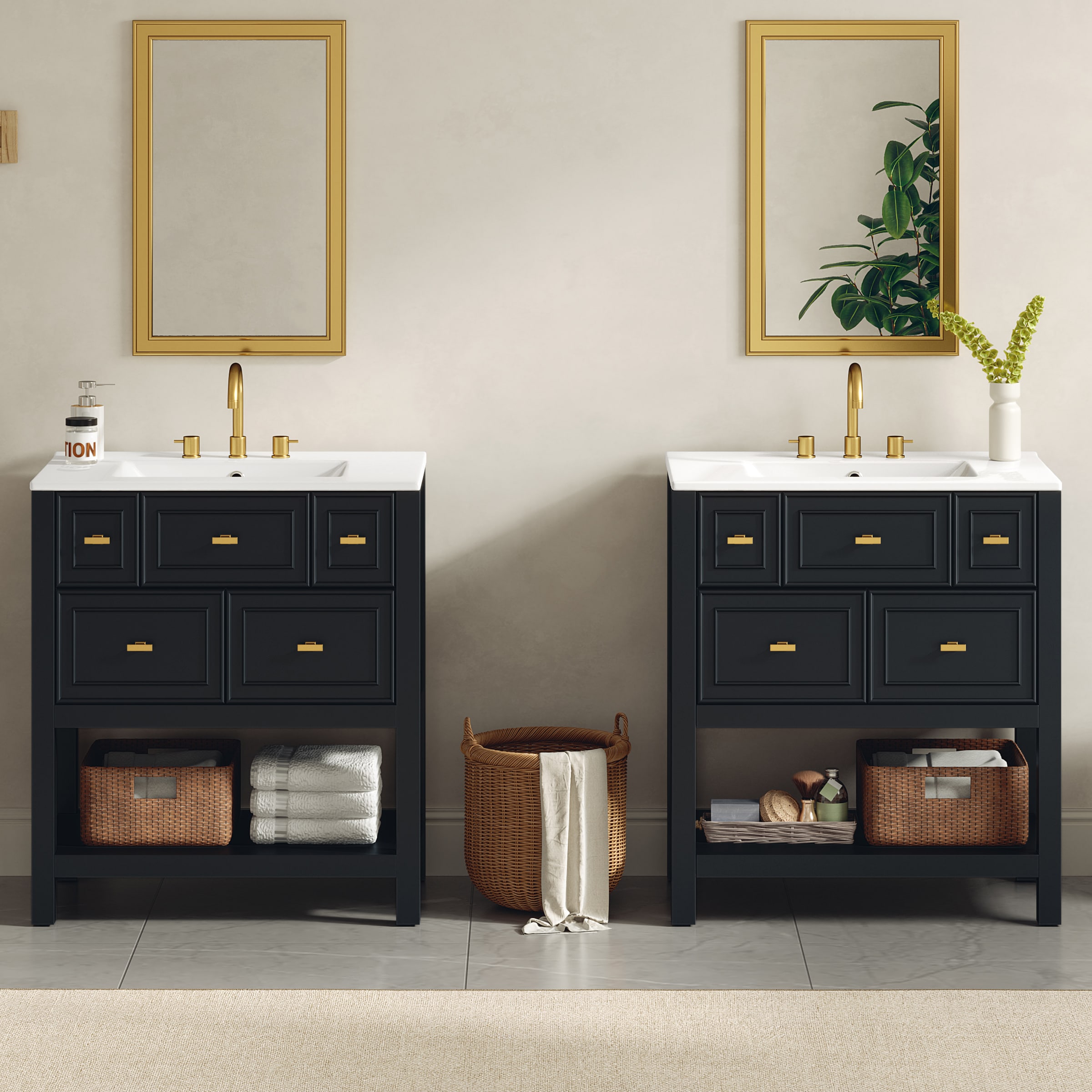 ModernLuxe L3P-N710SS00004B 60inch Bathroom Vanity Set with Ceramic Sink Separate Free Standing Single Vanity Set with Drawers Solid Wood Frame Bathroom Storage Cabinet